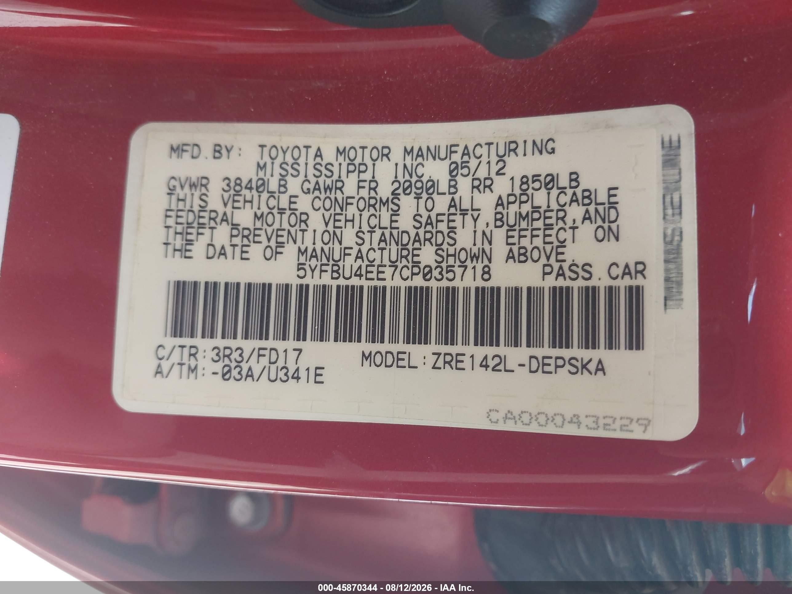 2012 Toyota Corolla S Red vin: 5YFBU4EE7CP035718