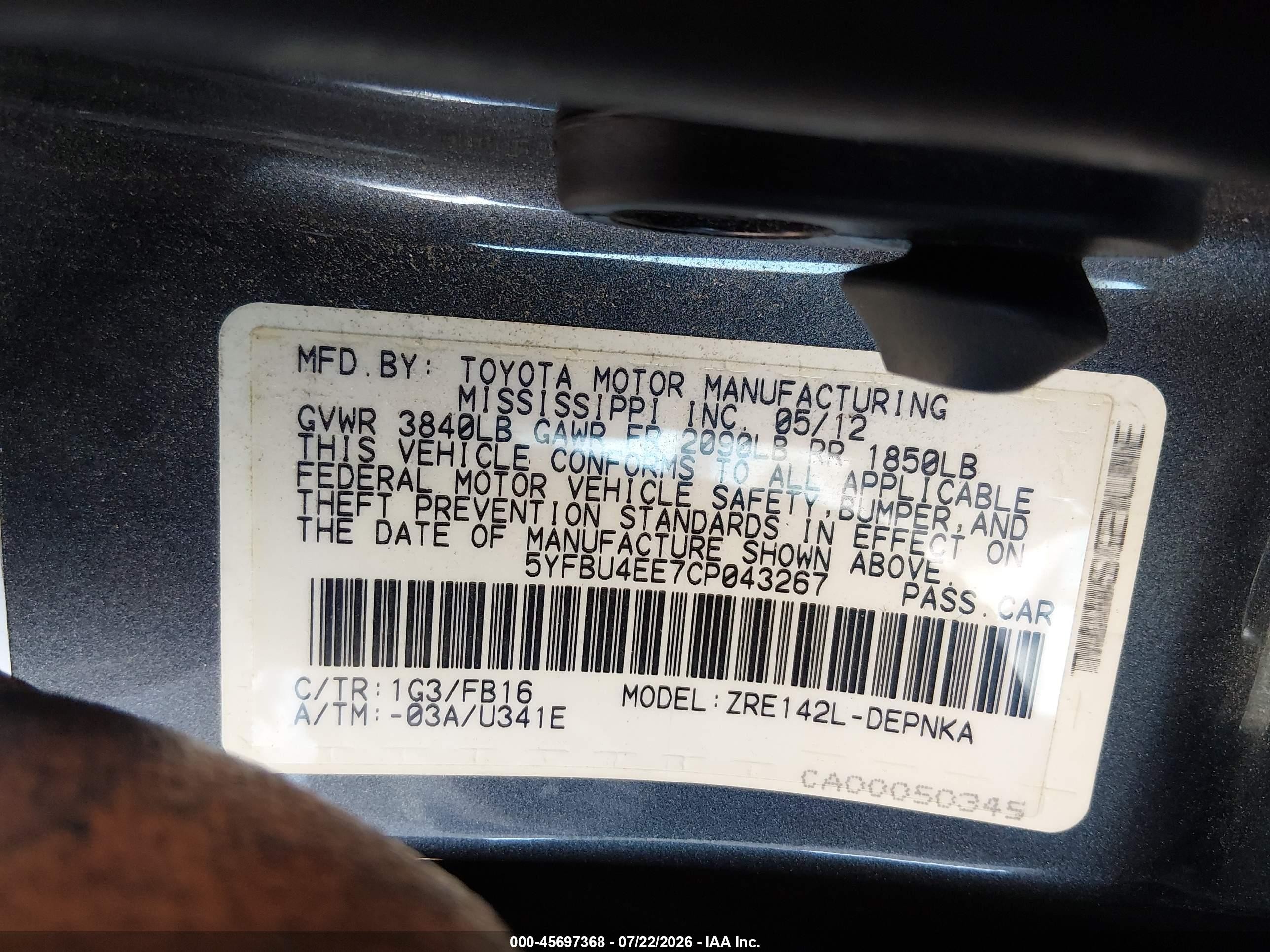 2012 Toyota Corolla Le Gray vin: 5YFBU4EE7CP043267