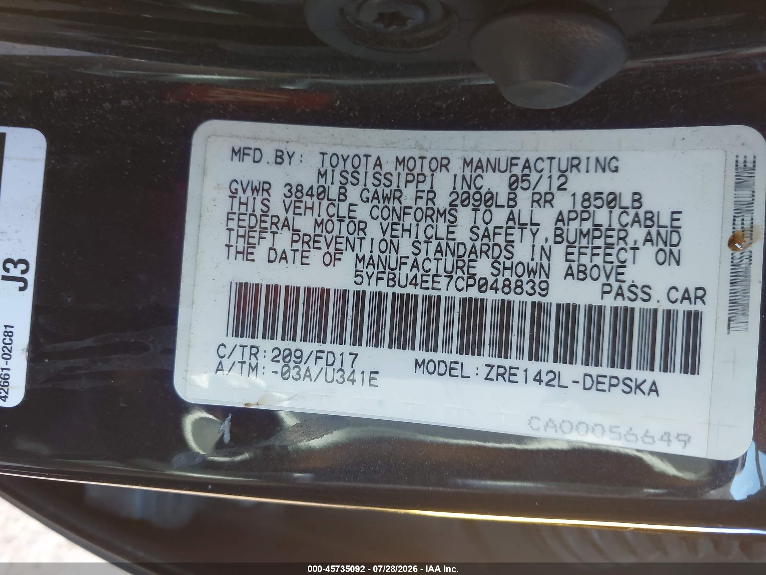 2012 Toyota Corolla S Черный vin: 5YFBU4EE7CP048839