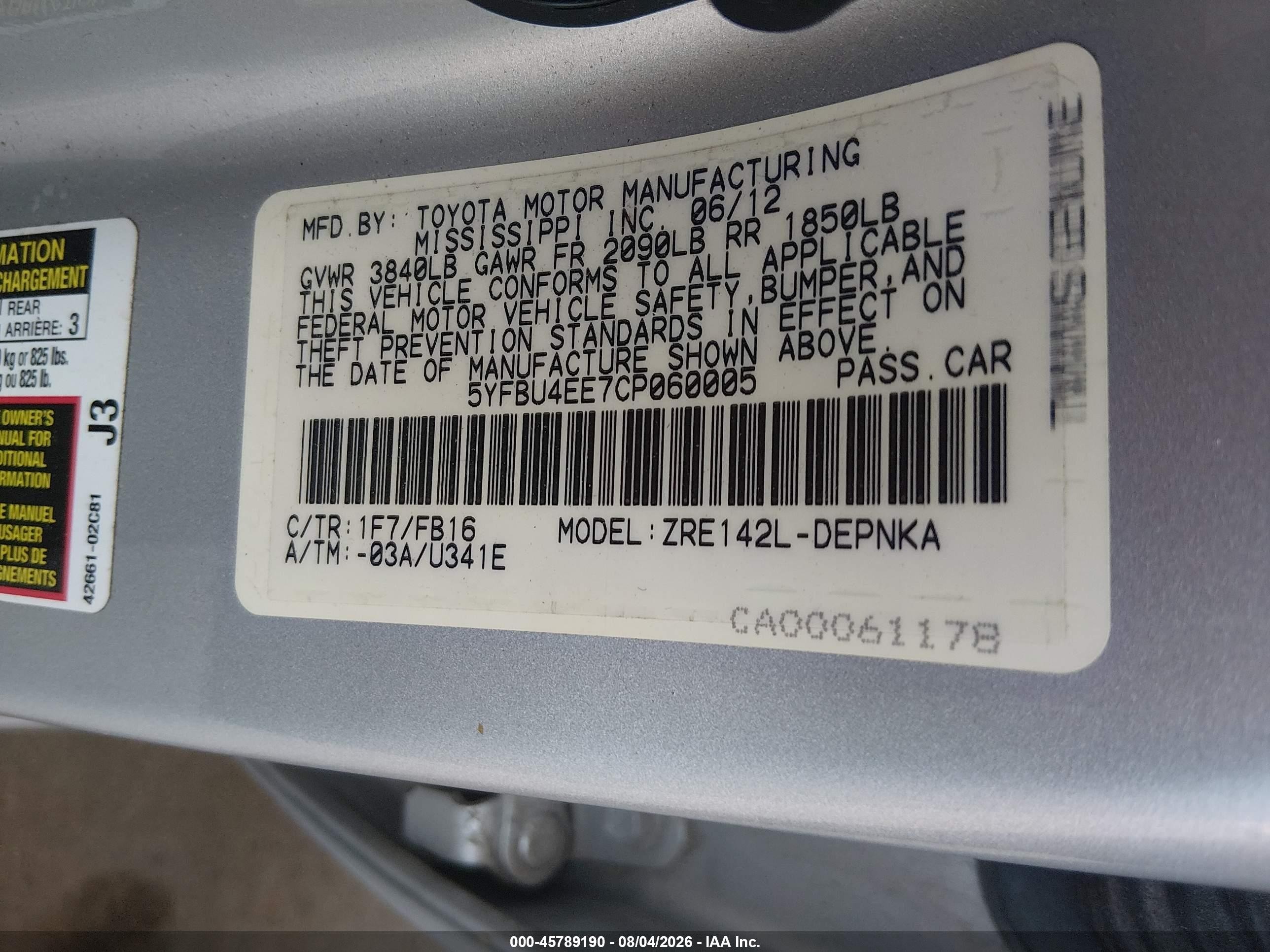 2012 Toyota Corolla Le Silver vin: 5YFBU4EE7CP060005