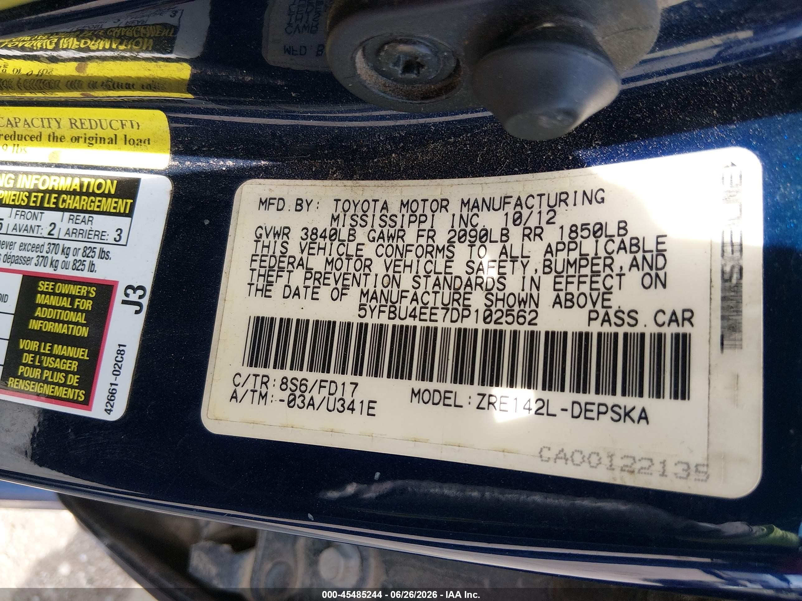 2013 Toyota Corolla S Blue vin: 5YFBU4EE7DP102562