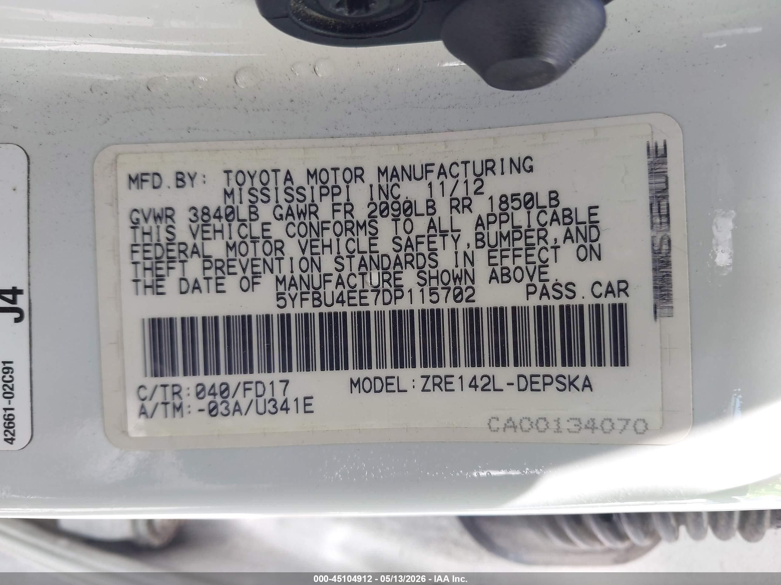 2013 Toyota Corolla S White vin: 5YFBU4EE7DP115702
