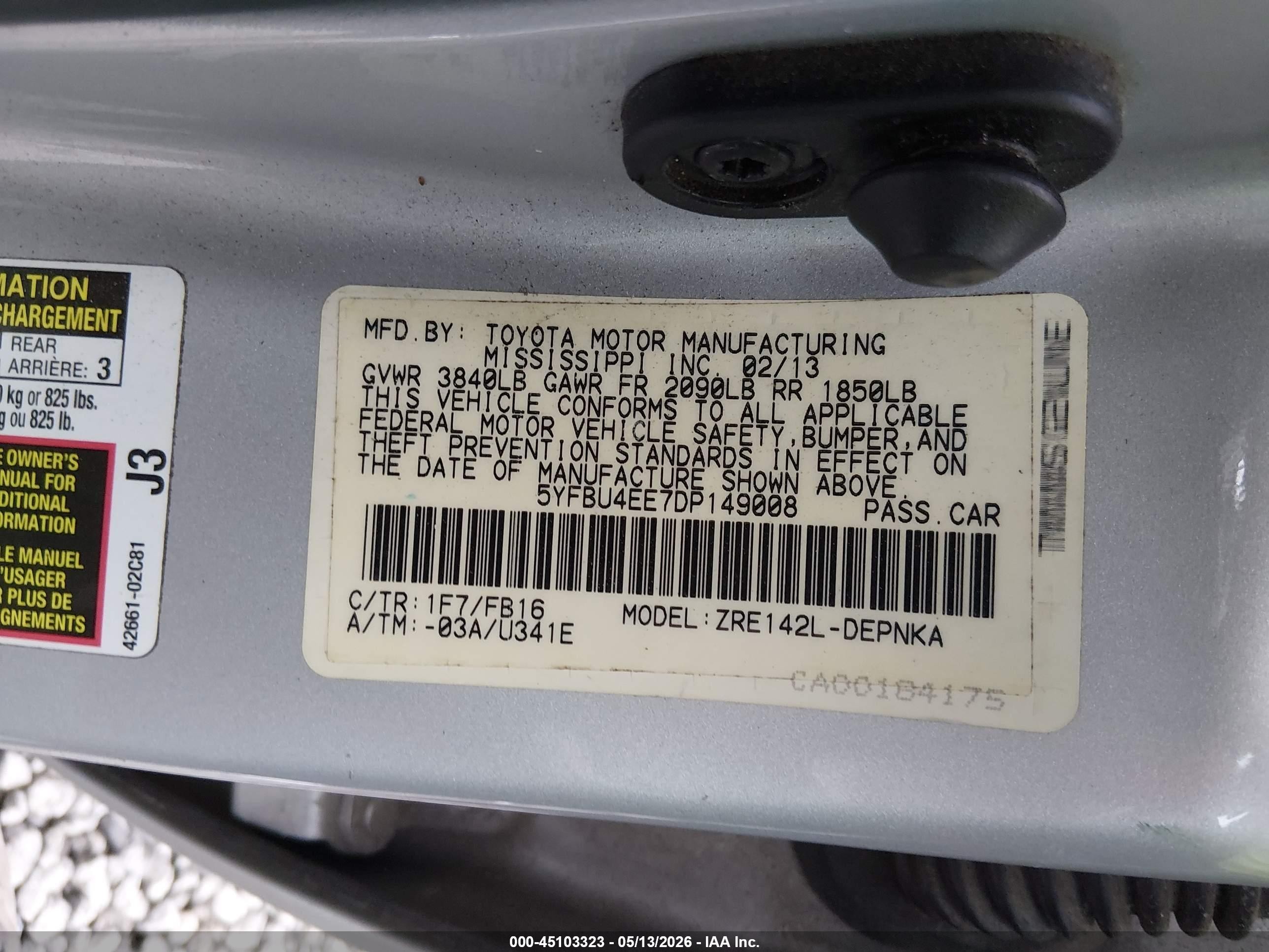 2013 Toyota Corolla Le Silver vin: 5YFBU4EE7DP149008