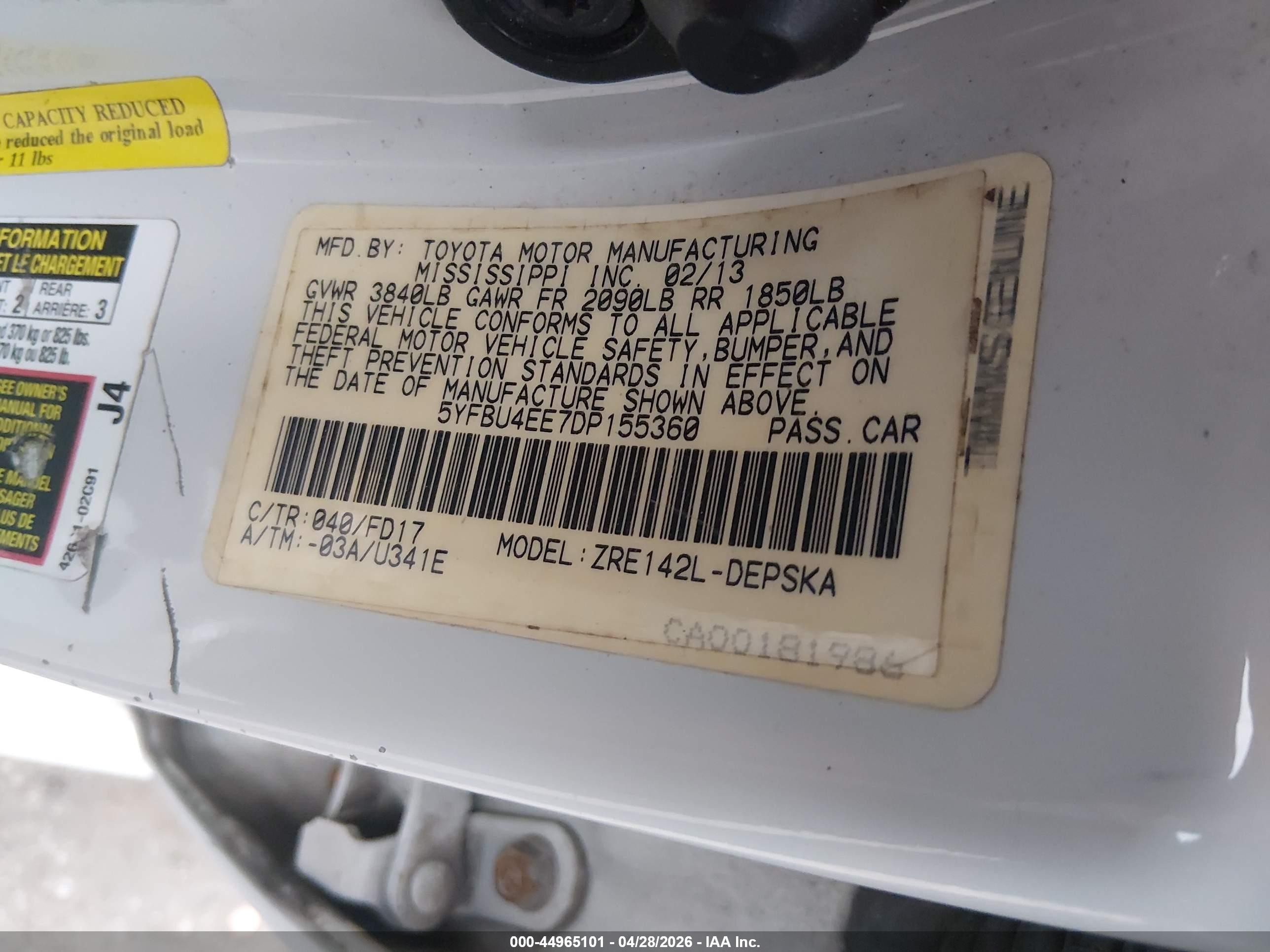 2013 Toyota Corolla S/le White vin: 5YFBU4EE7DP155360