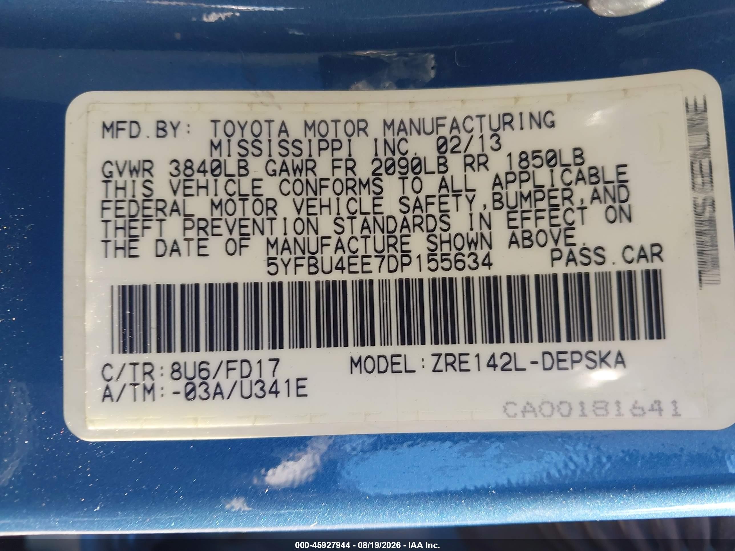2013 Toyota Corolla S Blue vin: 5YFBU4EE7DP155634