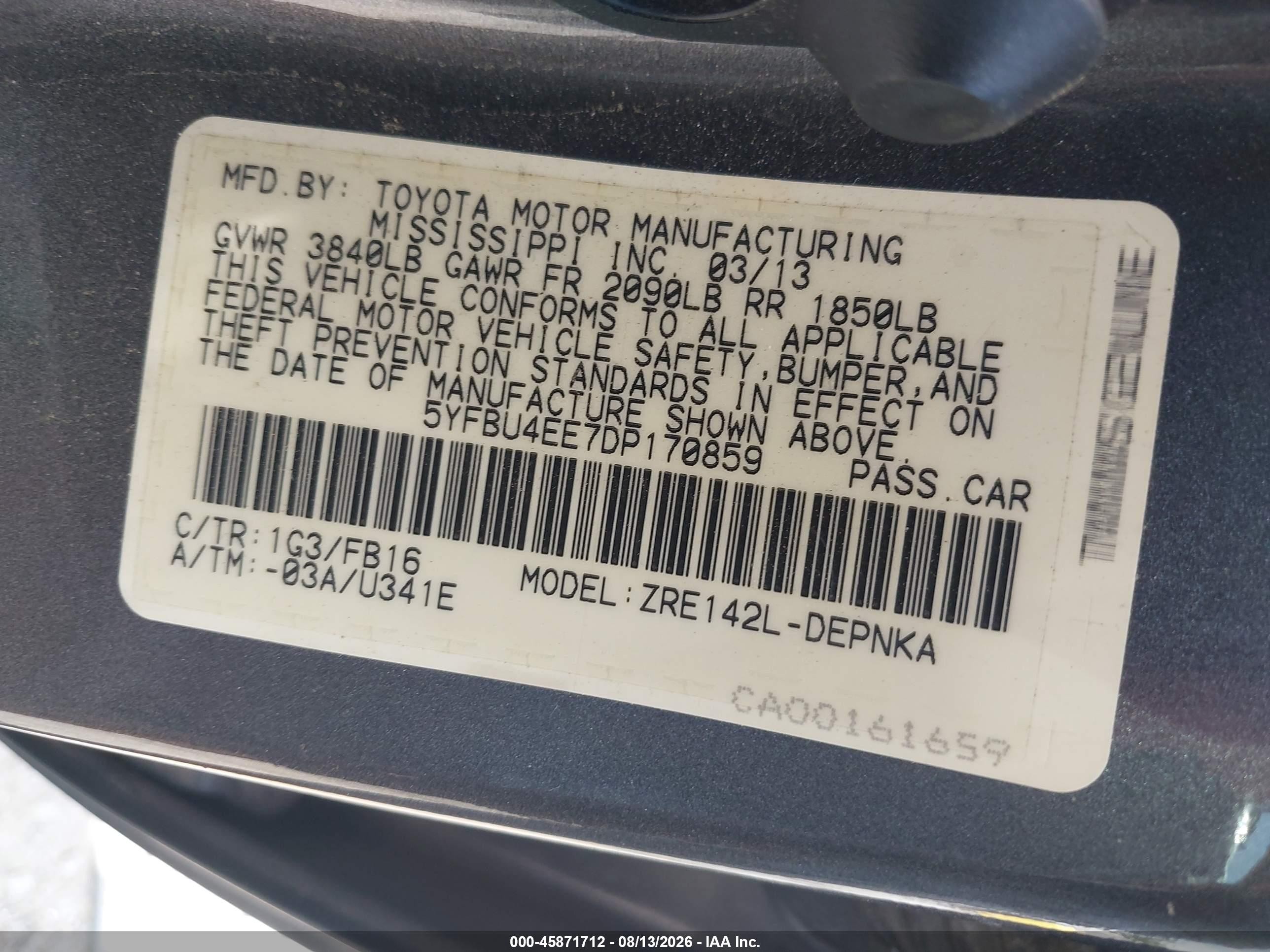 2013 Toyota Corolla Le Blue vin: 5YFBU4EE7DP170859