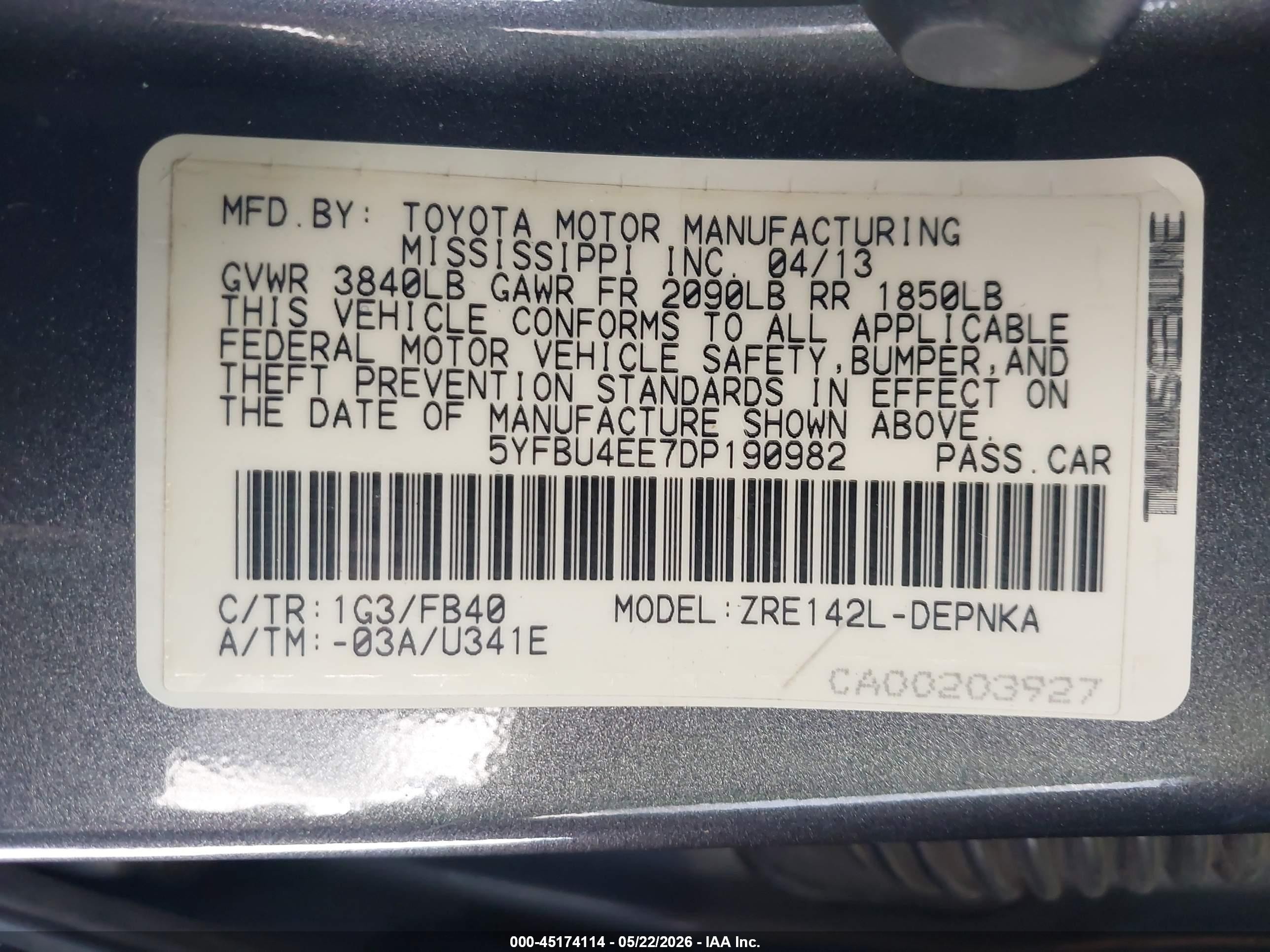 2013 Toyota Corolla Le Gray vin: 5YFBU4EE7DP190982