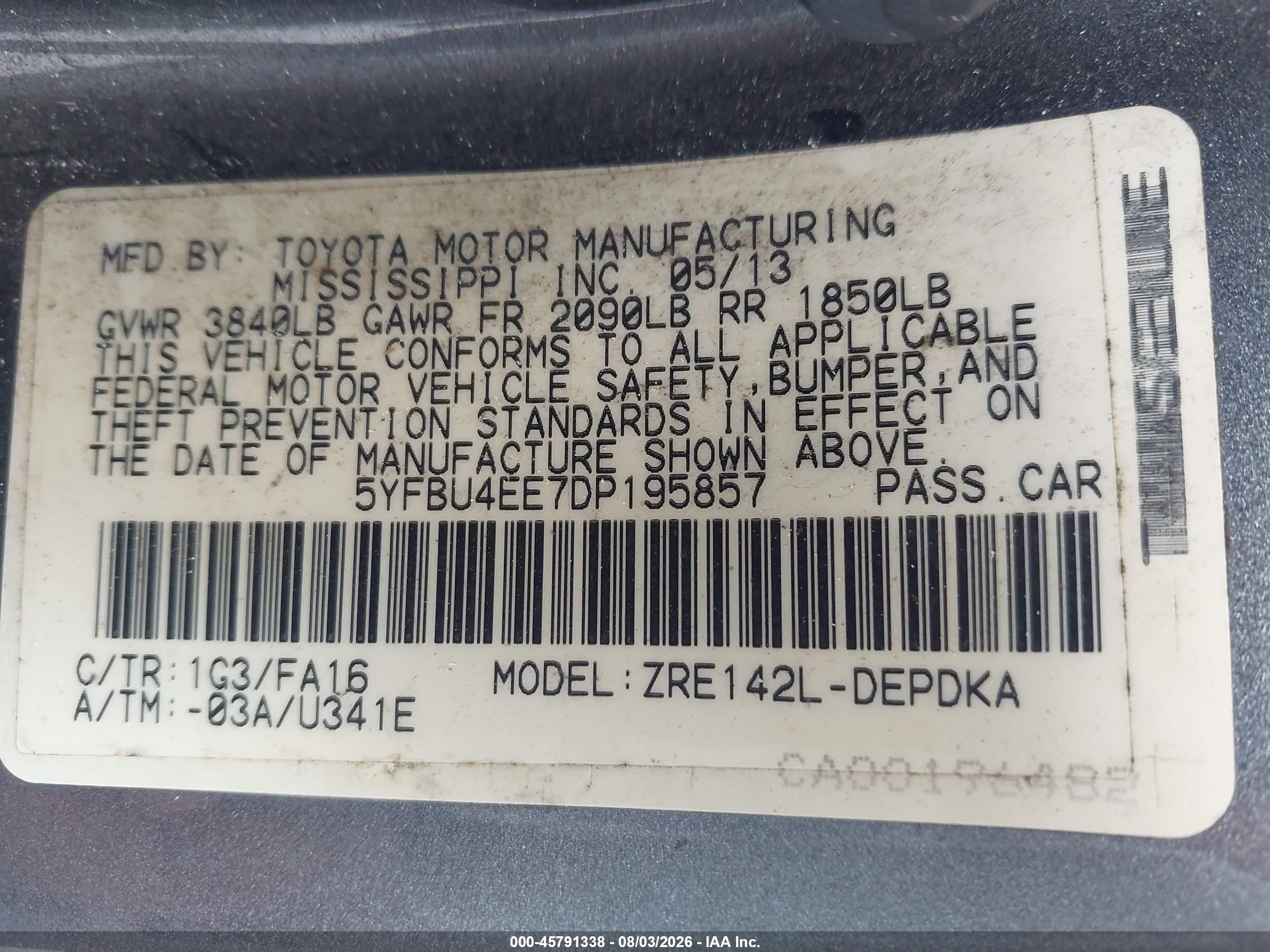 2013 Toyota Corolla L Gray vin: 5YFBU4EE7DP195857