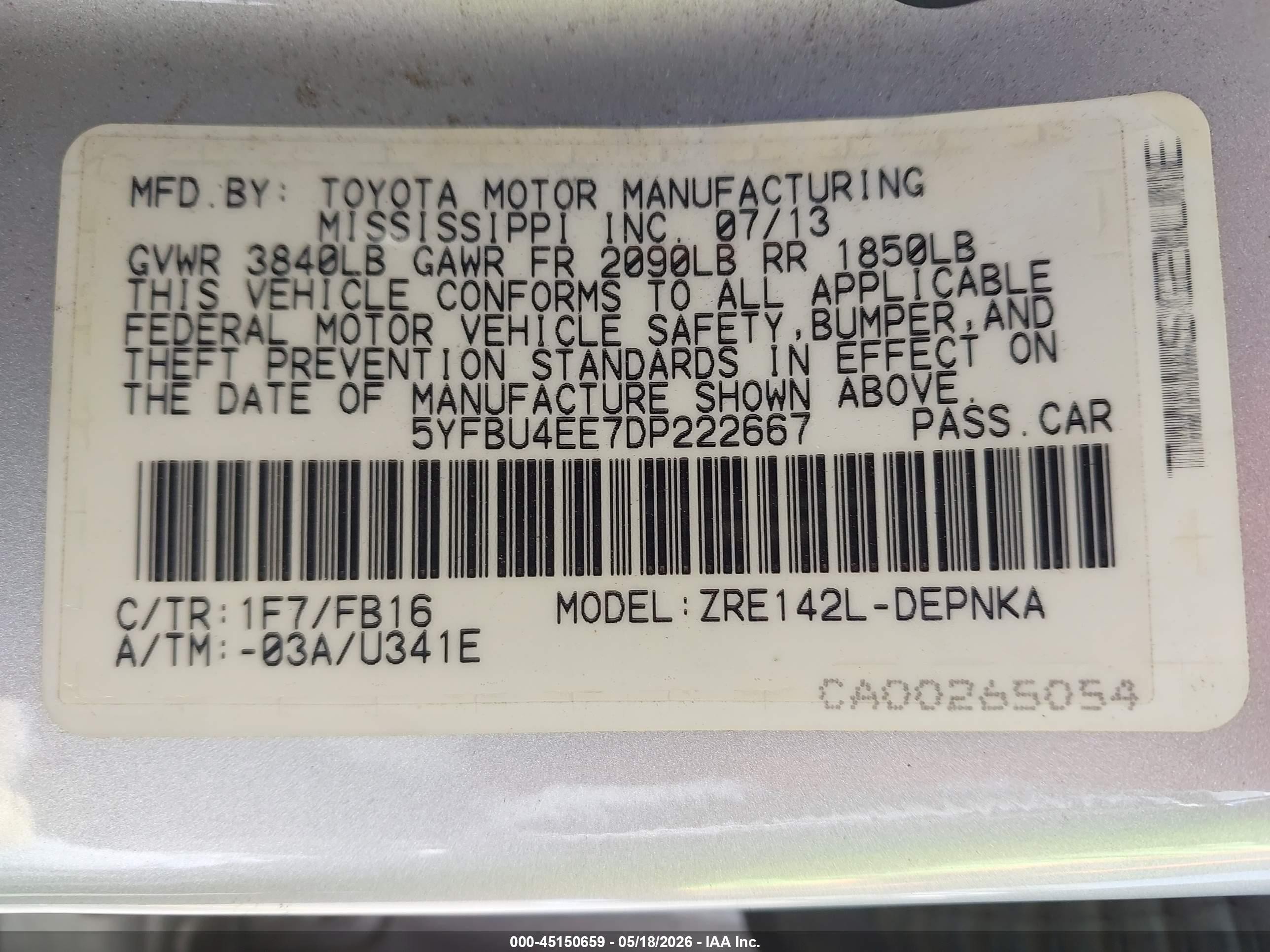 2013 Toyota Corolla Le Silver vin: 5YFBU4EE7DP222667
