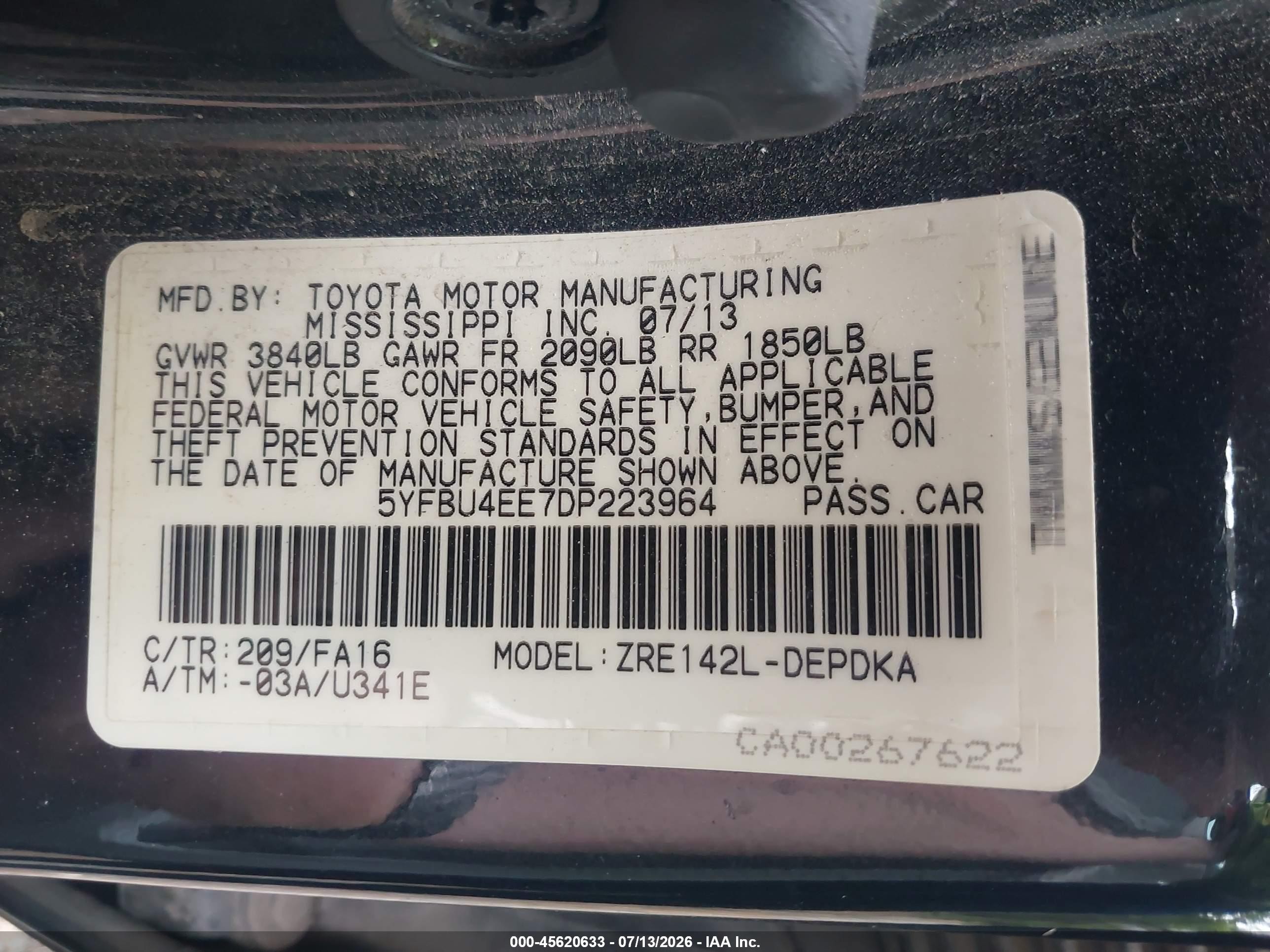 2013 Toyota Corolla L Black vin: 5YFBU4EE7DP223964