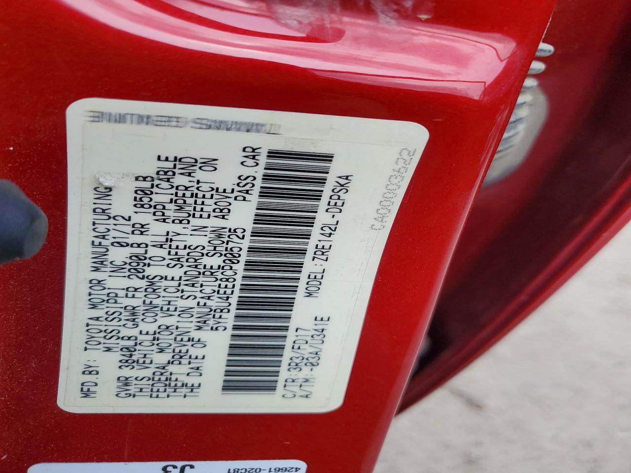 2012 Toyota Corolla S Red vin: 5YFBU4EE8CP005725