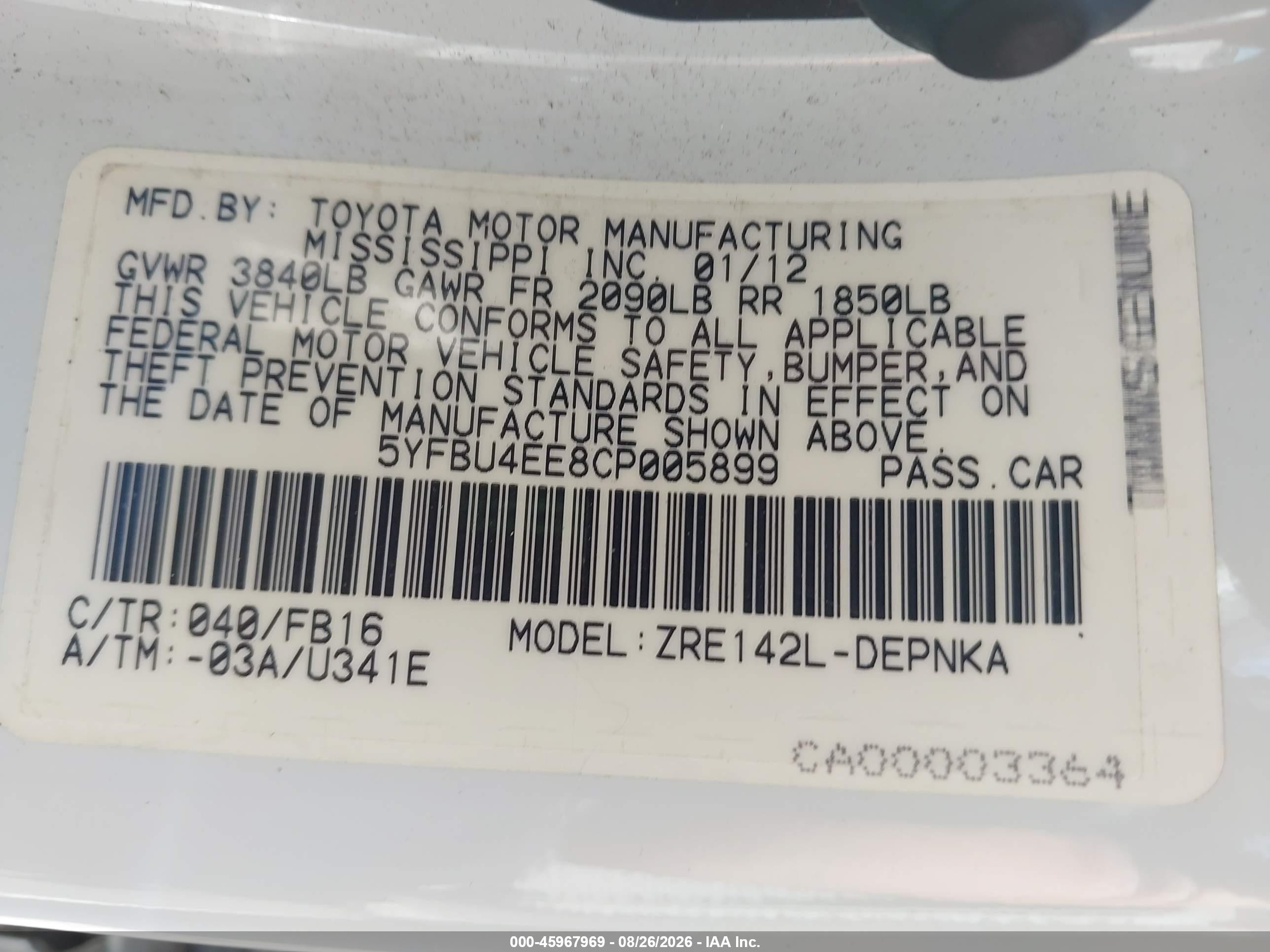 2012 Toyota Corolla Le White vin: 5YFBU4EE8CP005899