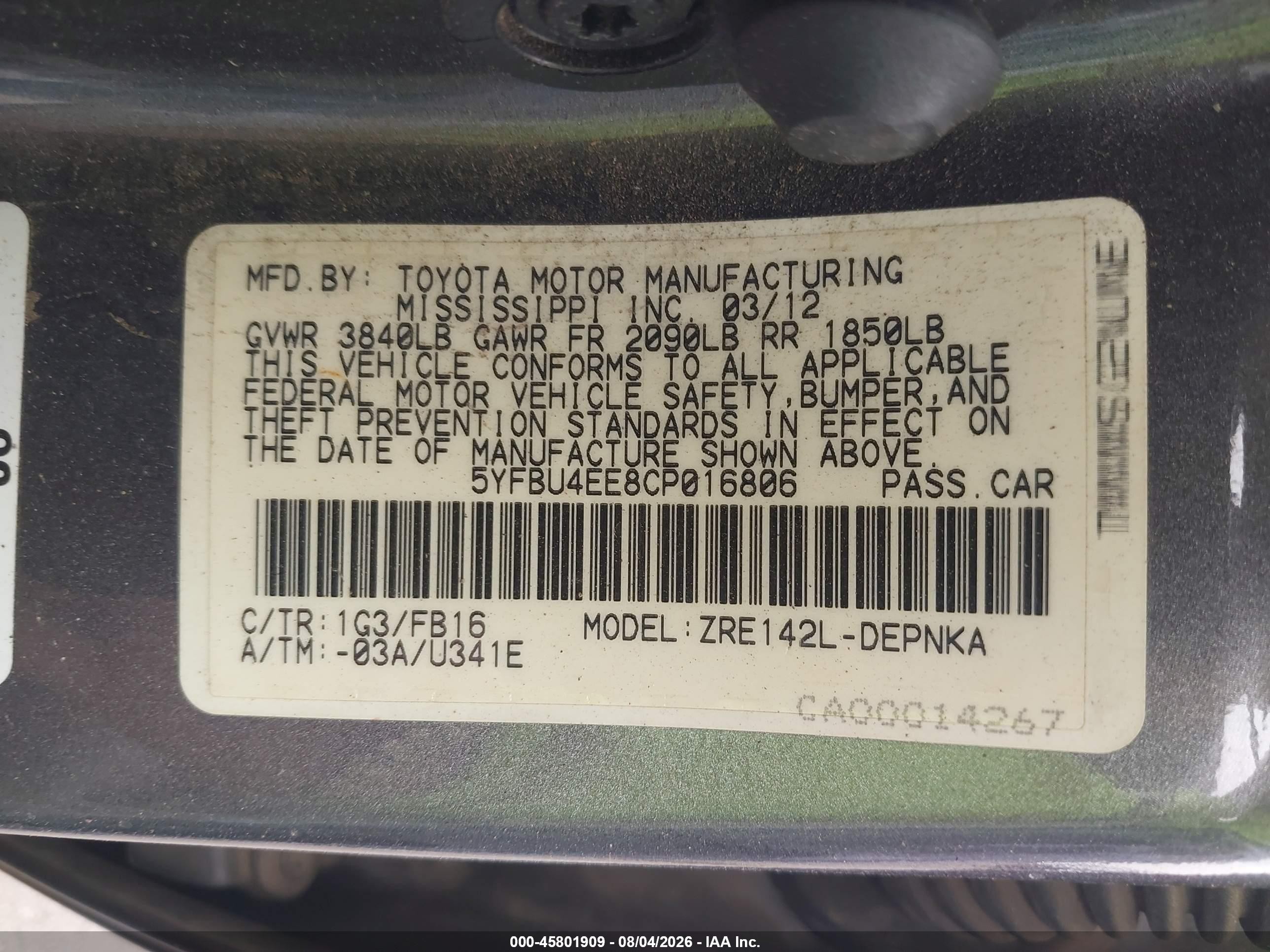 2012 Toyota Corolla Le Gray vin: 5YFBU4EE8CP016806