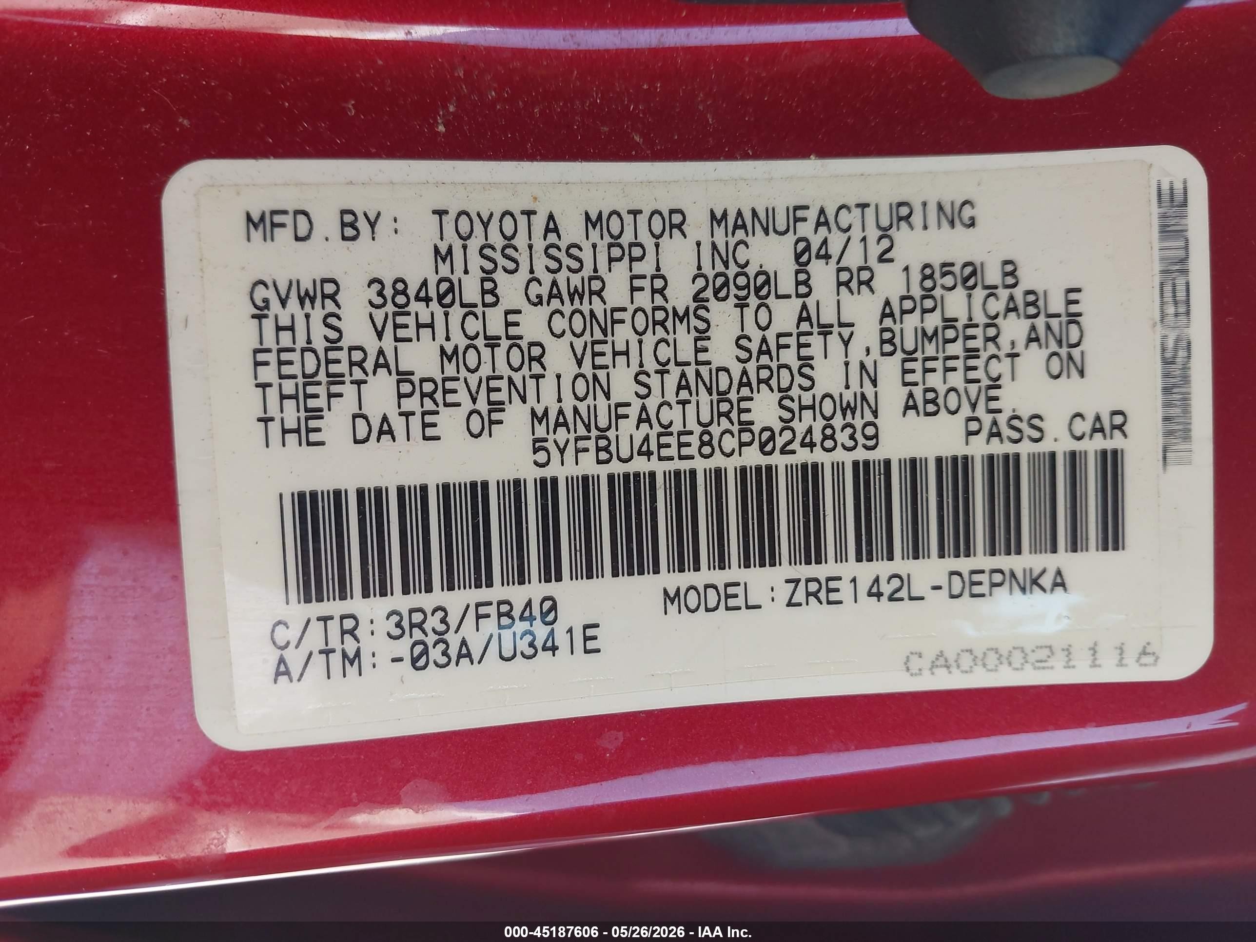 2012 Toyota Corolla Le Красный vin: 5YFBU4EE8CP024839