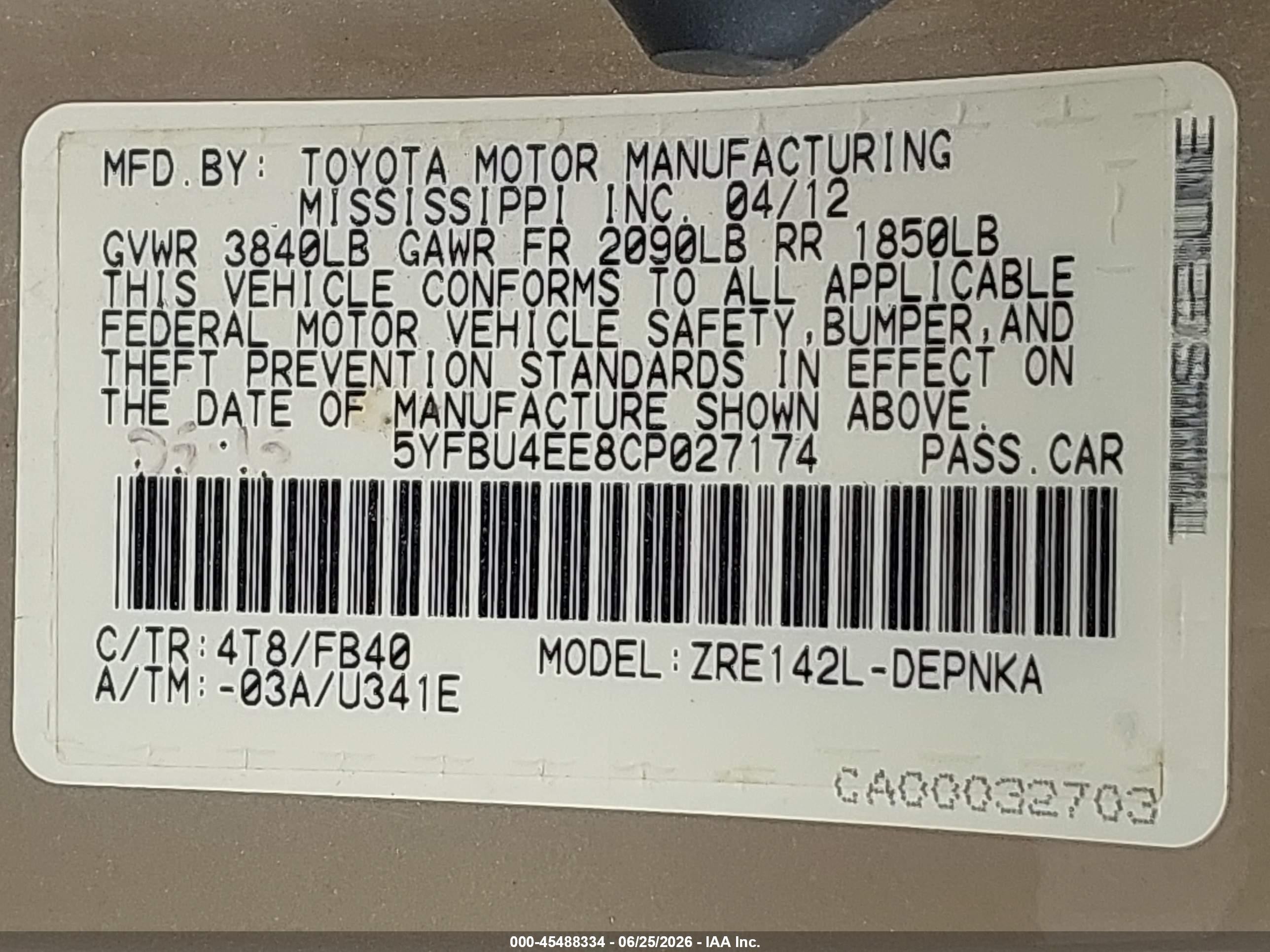 2012 Toyota Corolla Le Beige vin: 5YFBU4EE8CP027174