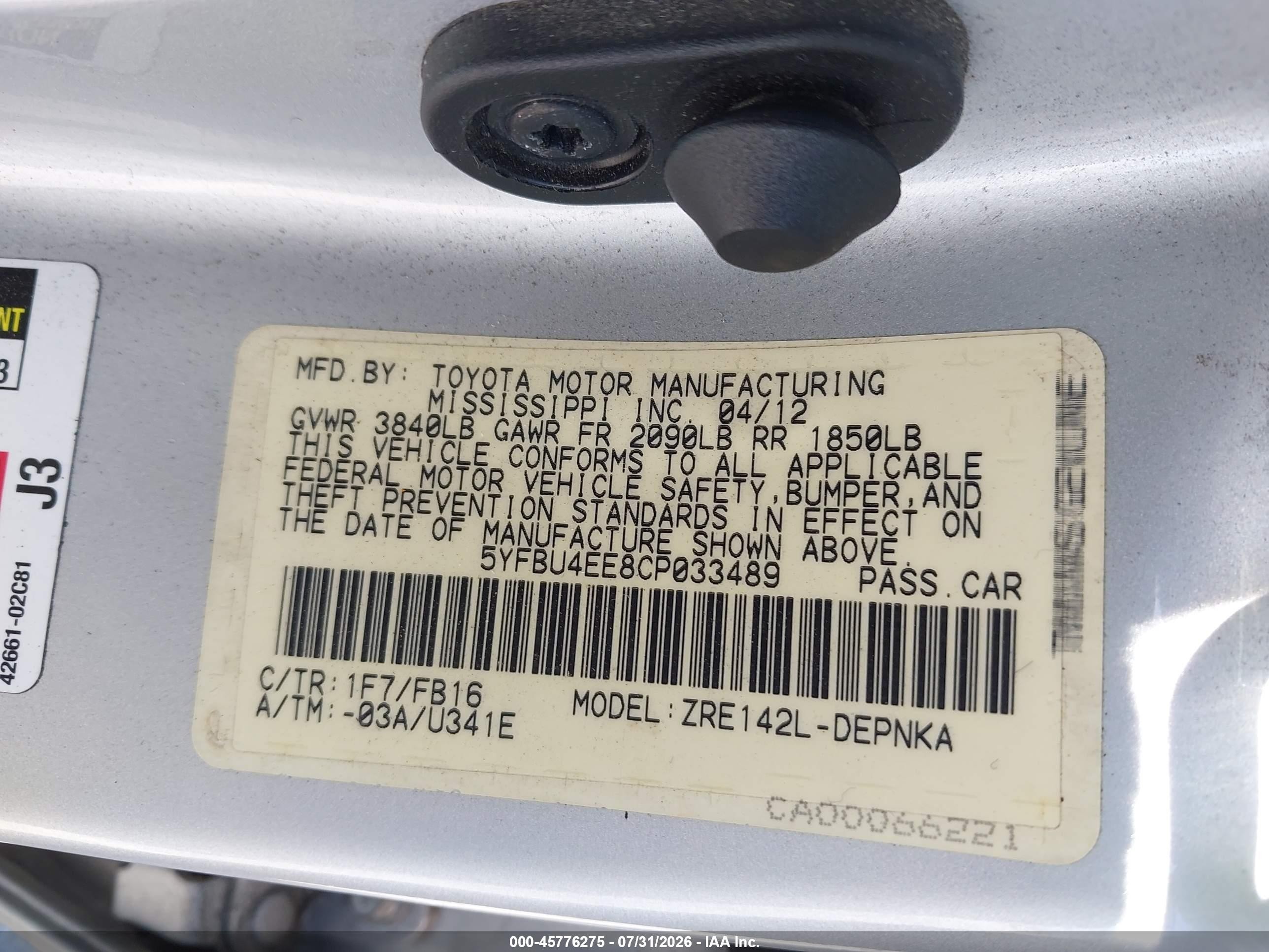 2012 Toyota Corolla Le Silver vin: 5YFBU4EE8CP033489