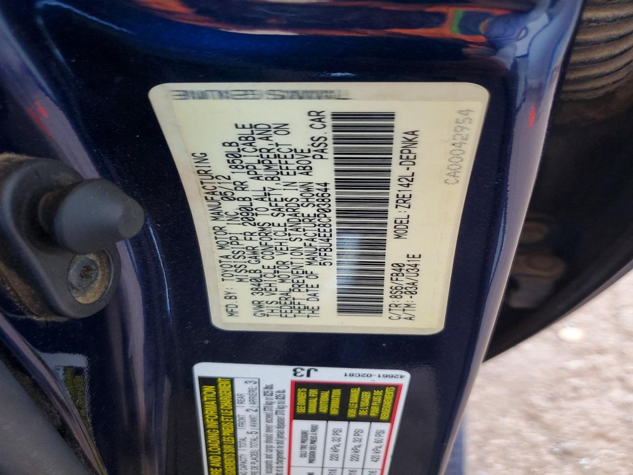 2012 Toyota Corolla Le Blue vin: 5YFBU4EE8CP038644