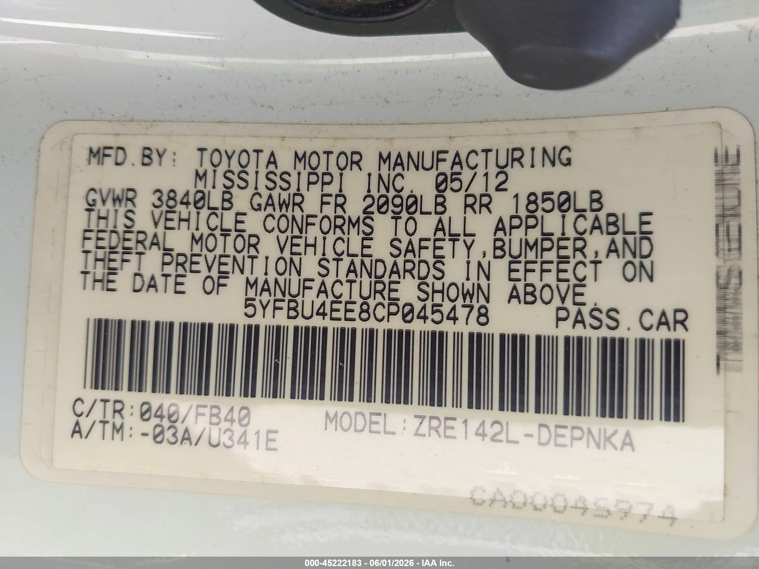 2012 Toyota Corolla Le White vin: 5YFBU4EE8CP045478