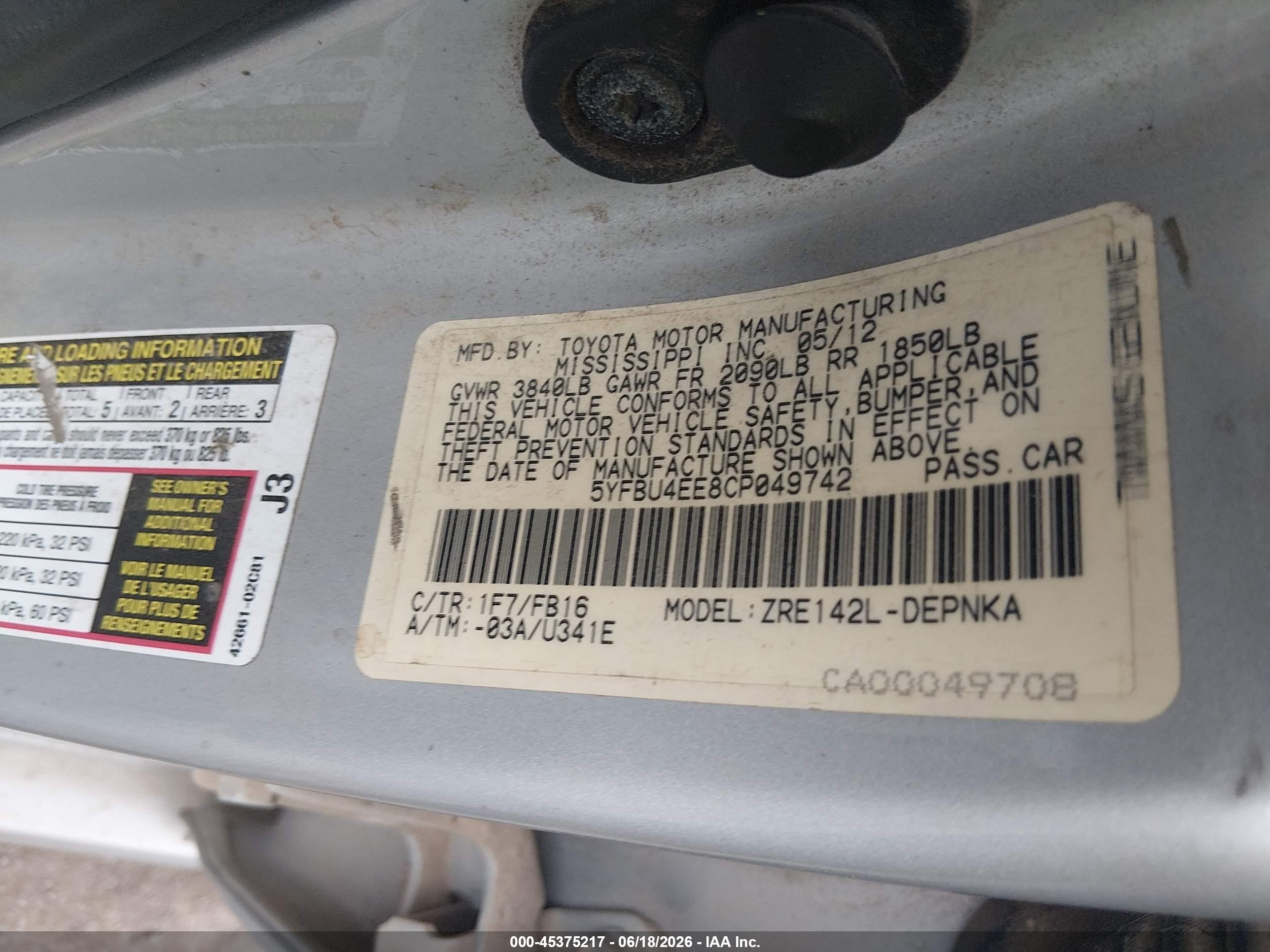 2012 Toyota Corolla Le Silver vin: 5YFBU4EE8CP049742