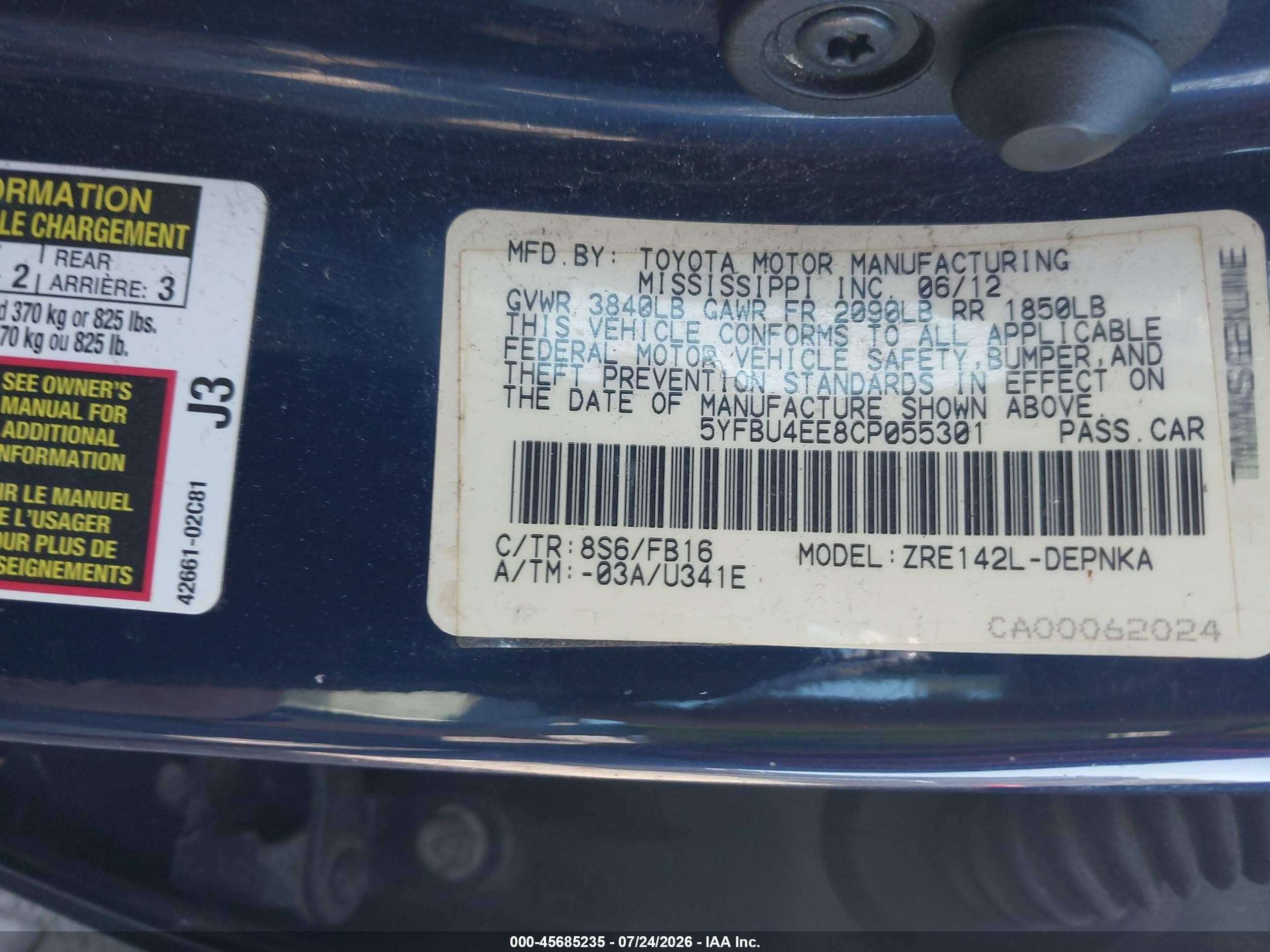 2012 Toyota Corolla Le Blue vin: 5YFBU4EE8CP055301