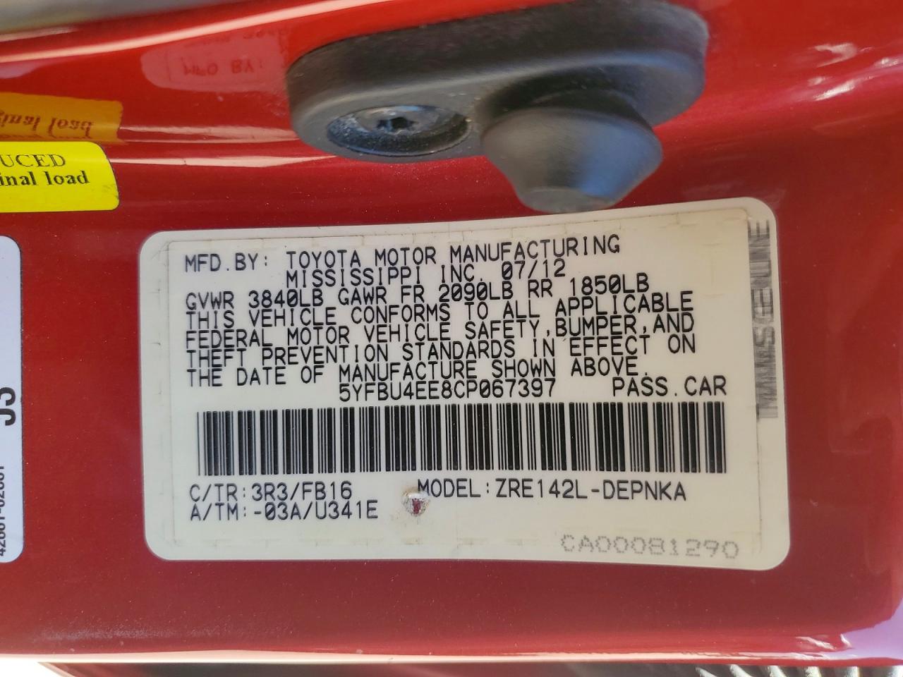 2012 Toyota Corolla Le Red vin: 5YFBU4EE8CP067397
