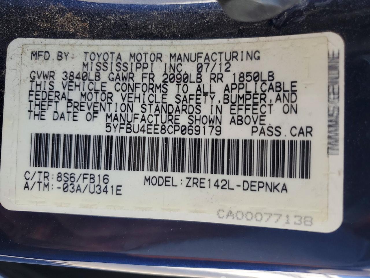 2012 Toyota Corolla Le Blue vin: 5YFBU4EE8CP069179