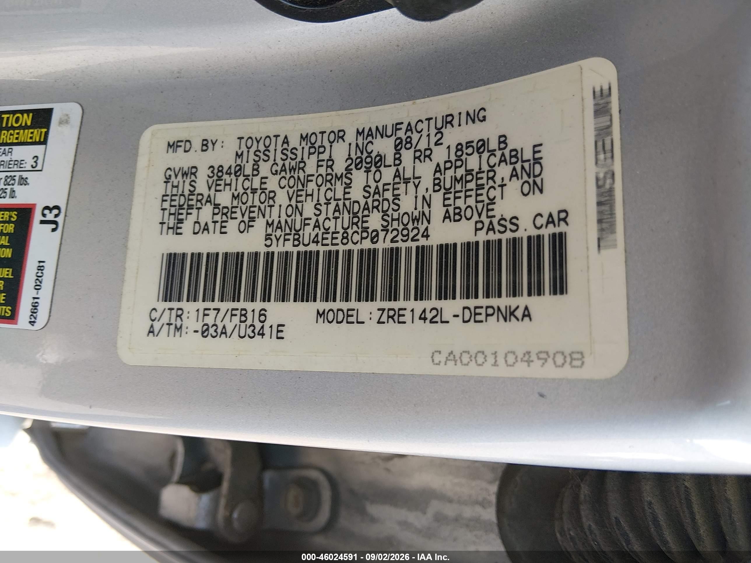 2012 Toyota Corolla Le Silver vin: 5YFBU4EE8CP072924