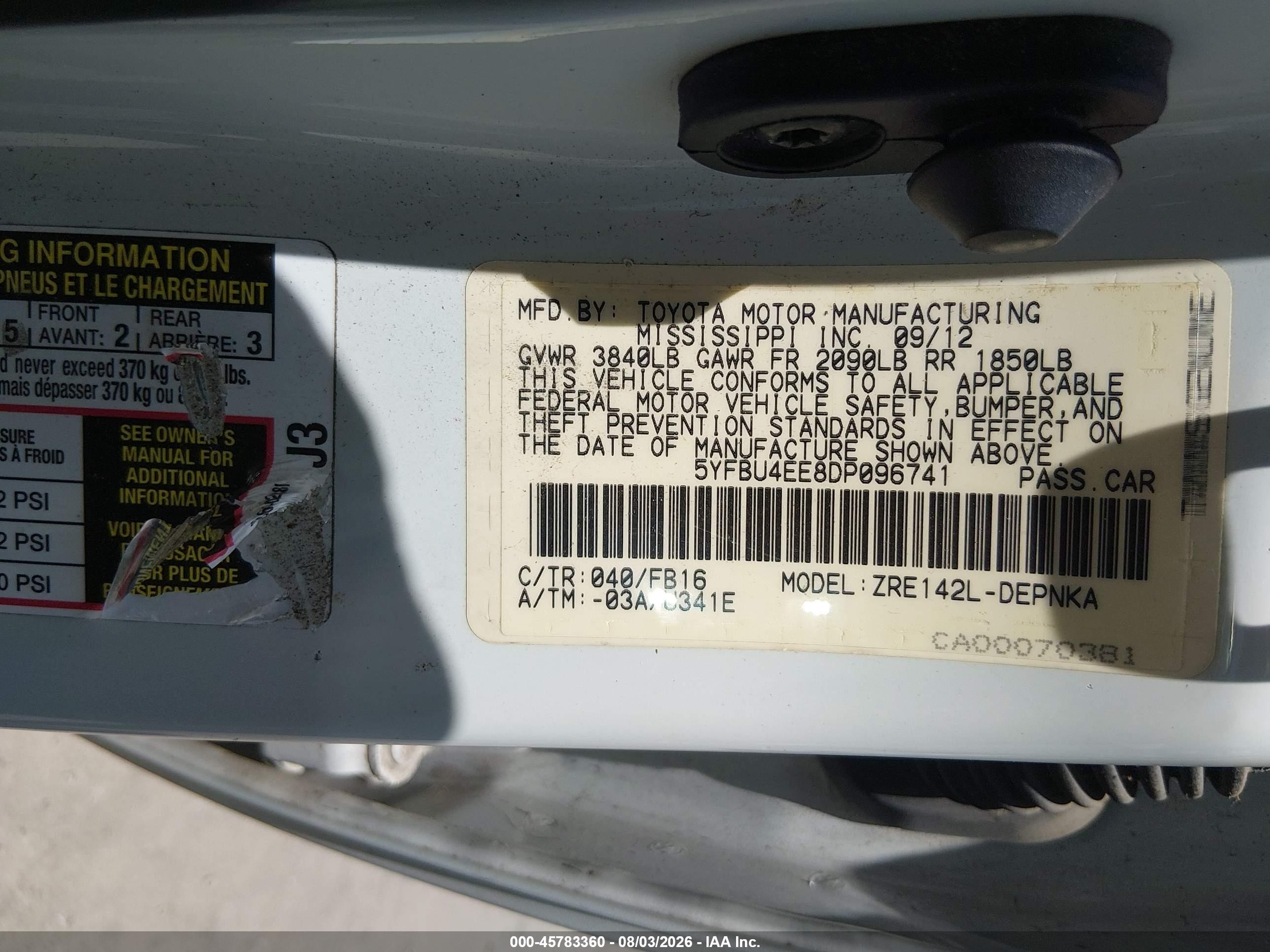 2013 Toyota Corolla Le White vin: 5YFBU4EE8DP096741
