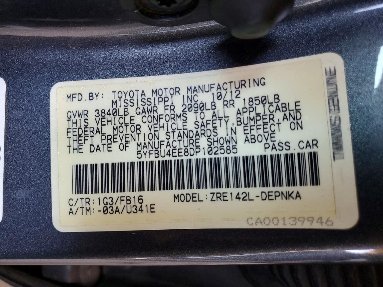 2013 Toyota Corolla Le Gray vin: 5YFBU4EE8DP102585