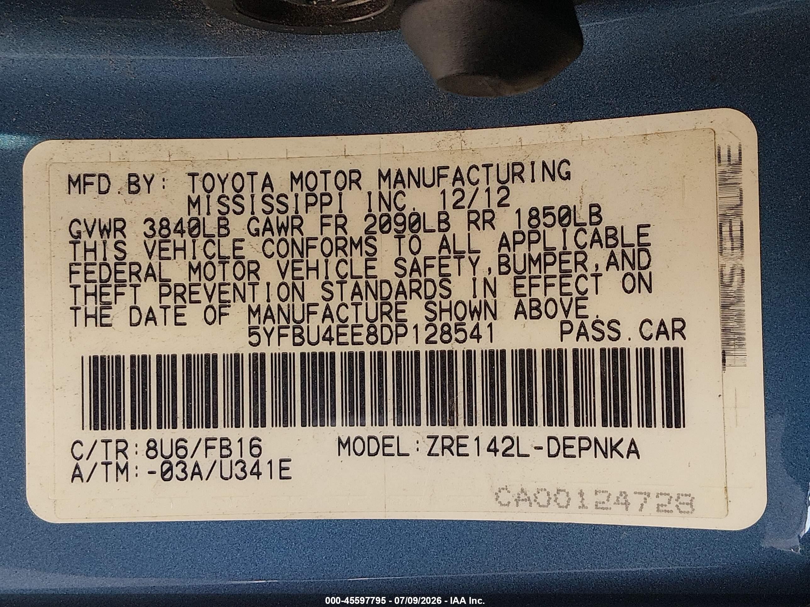 2013 Toyota Corolla Le Blue vin: 5YFBU4EE8DP128541
