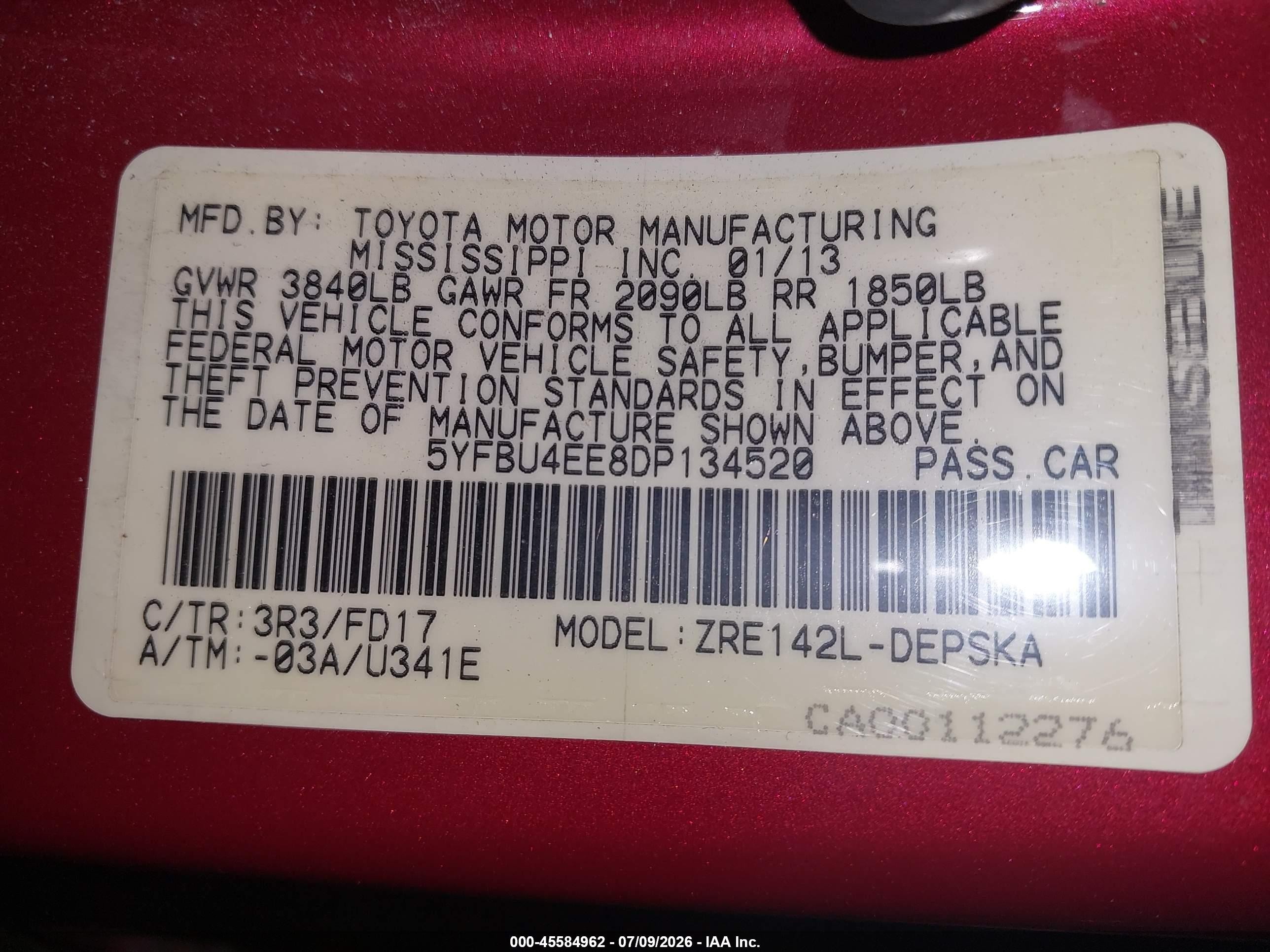 2013 Toyota Corolla S Red vin: 5YFBU4EE8DP134520