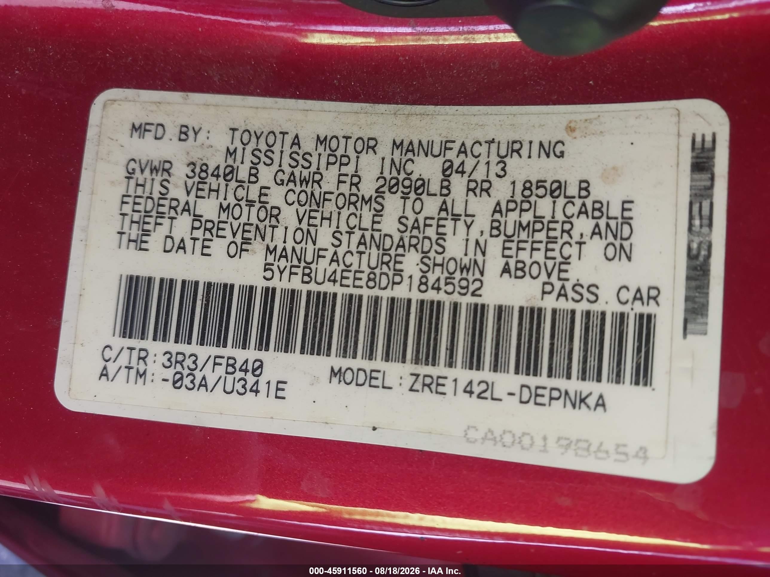 2013 Toyota Corolla Le Red vin: 5YFBU4EE8DP184592