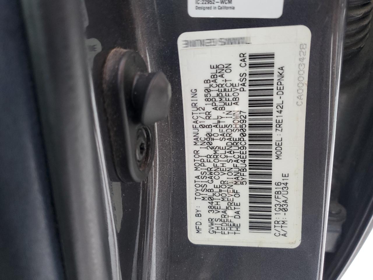 2012 Toyota Corolla Base Gray vin: 5YFBU4EE9CP005927