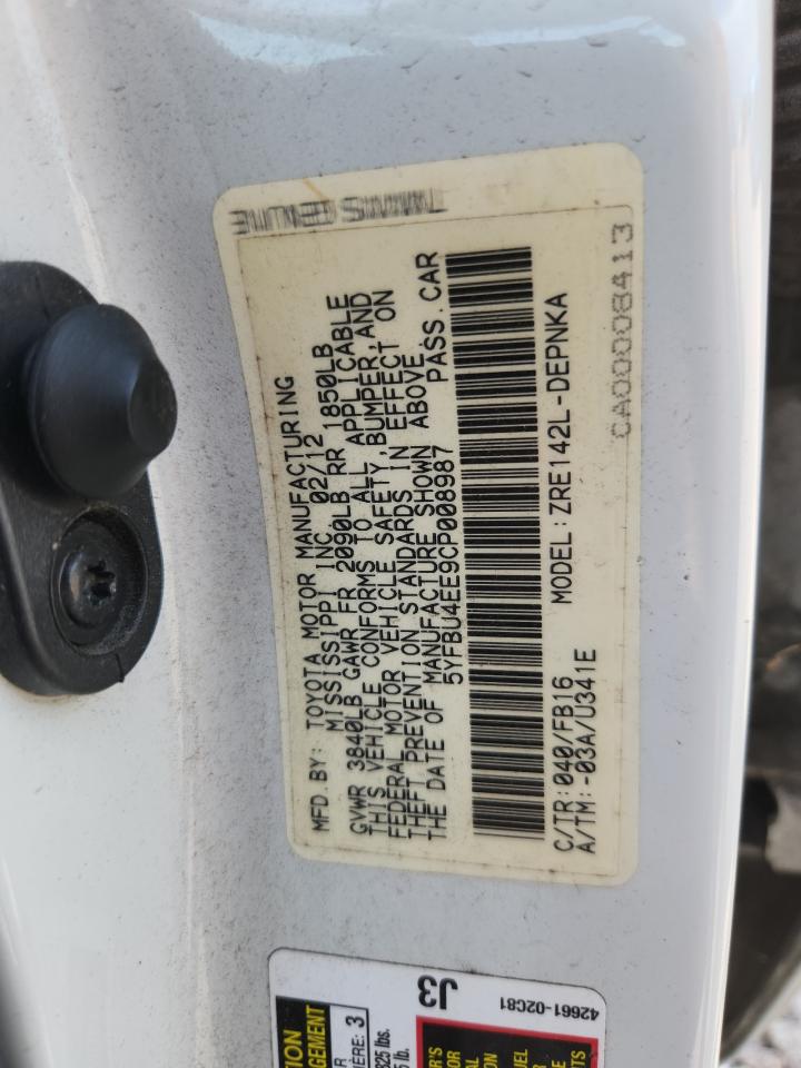 2012 Toyota Corolla Le White vin: 5YFBU4EE9CP008987