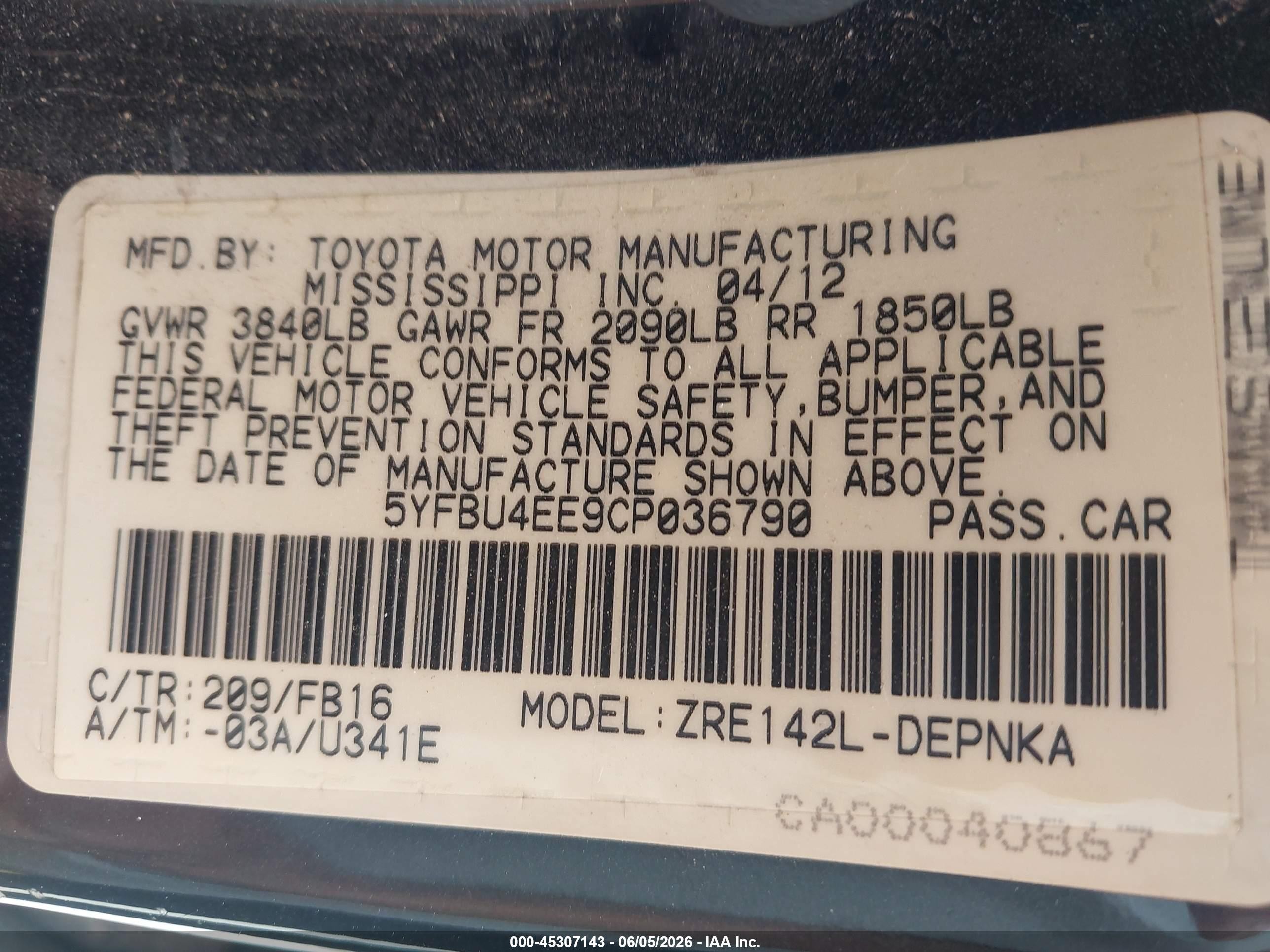 2012 Toyota Corolla Le Black vin: 5YFBU4EE9CP036790