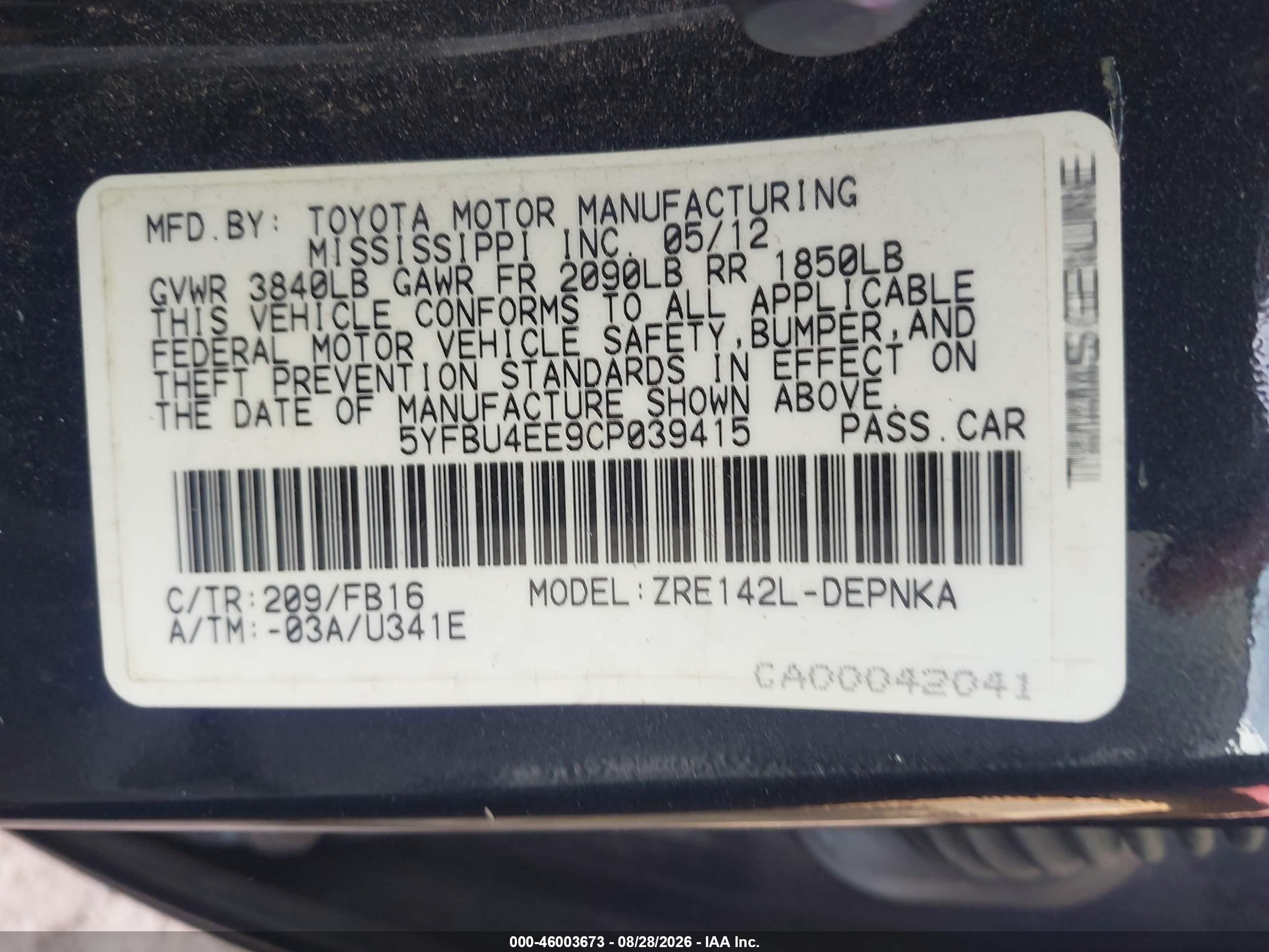 2012 Toyota Corolla Le Black vin: 5YFBU4EE9CP039415