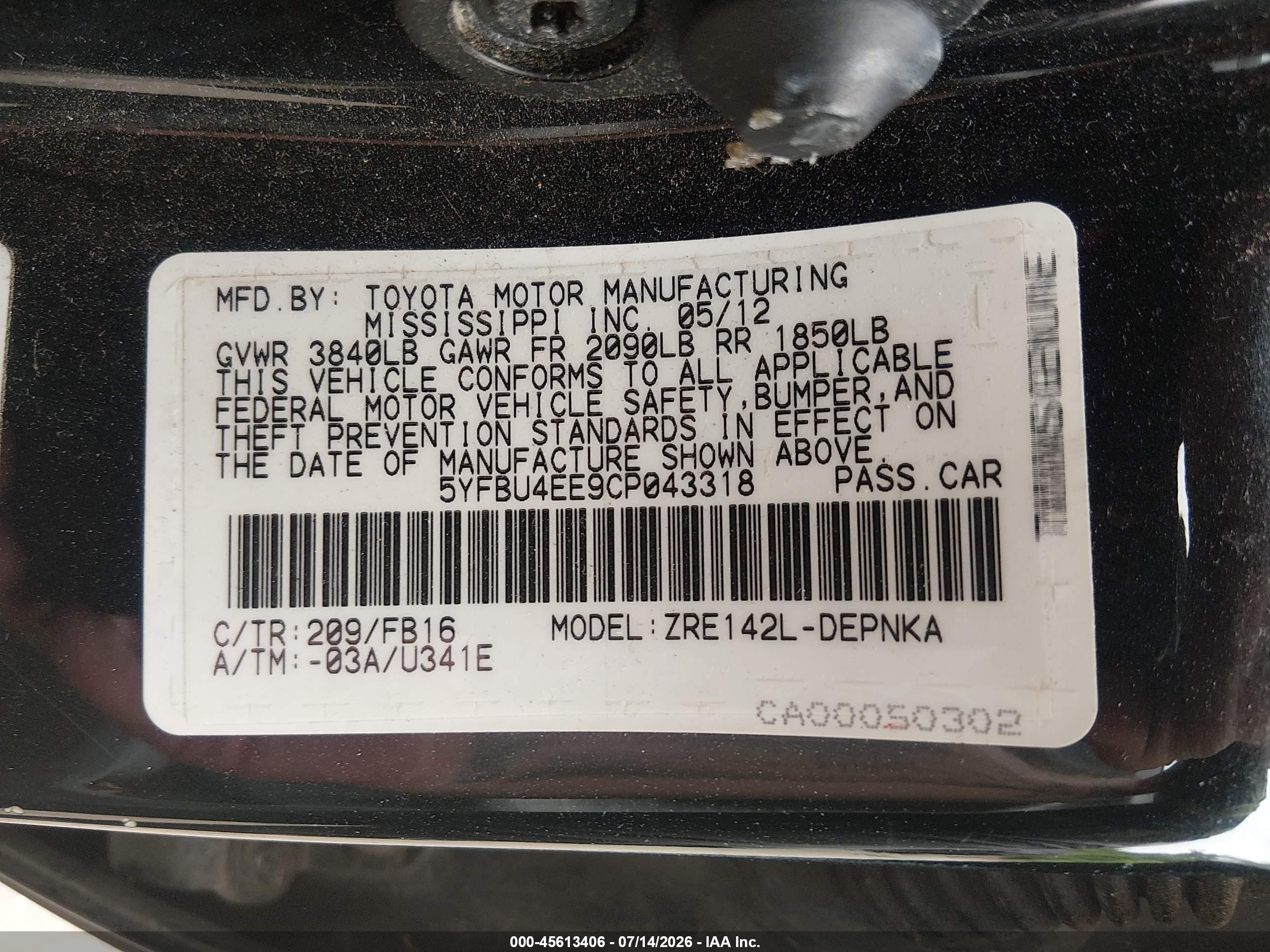 2012 Toyota Corolla Le Black vin: 5YFBU4EE9CP043318