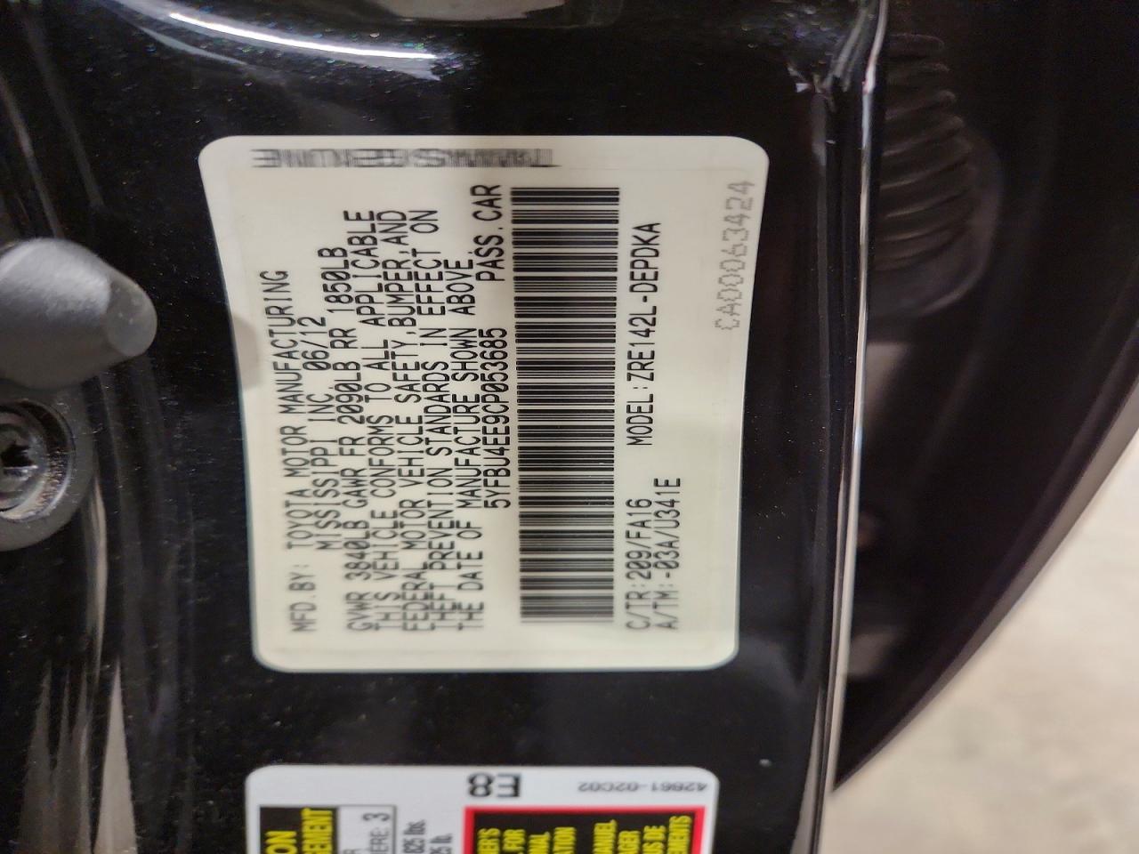 2012 Toyota Corolla L Black vin: 5YFBU4EE9CP053685