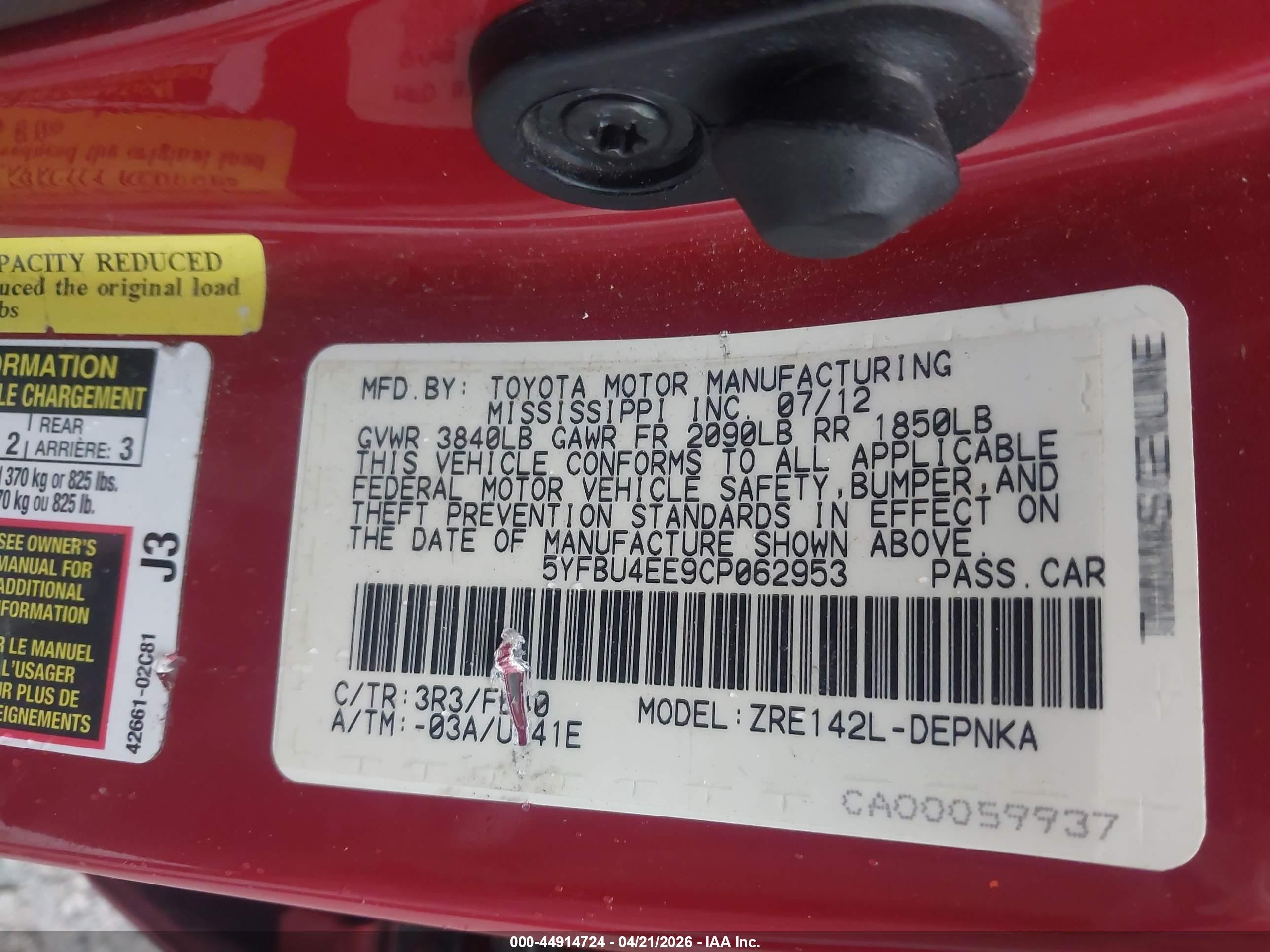 2012 Toyota Corolla Le Red vin: 5YFBU4EE9CP062953