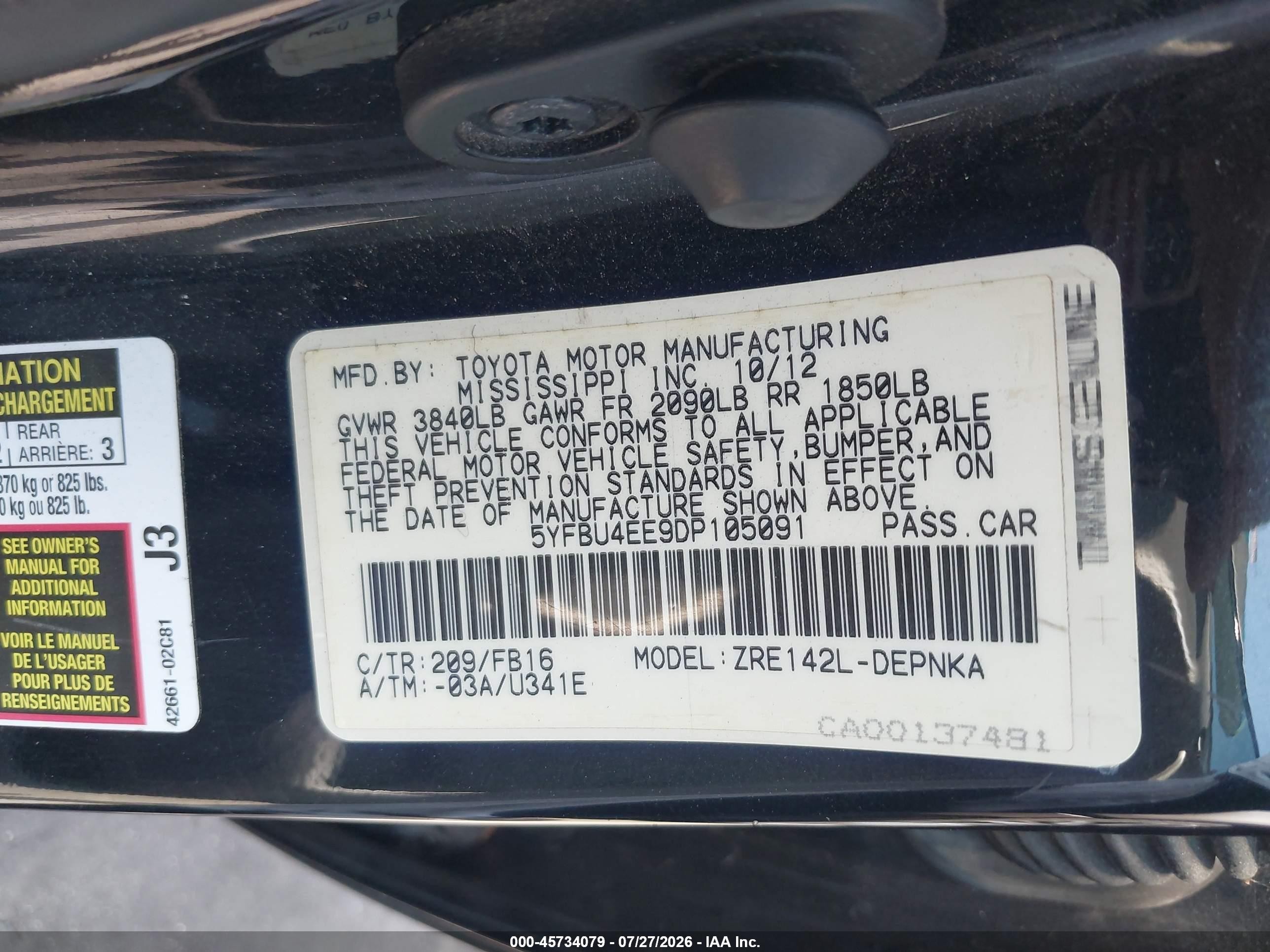 2013 Toyota Corolla Le Black vin: 5YFBU4EE9DP105091