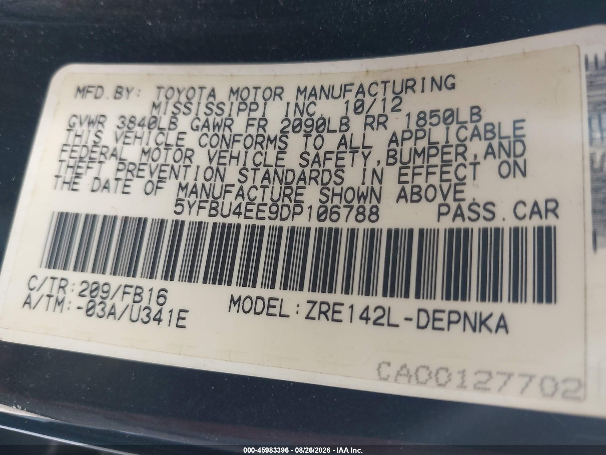 2013 Toyota Corolla Le Black vin: 5YFBU4EE9DP106788