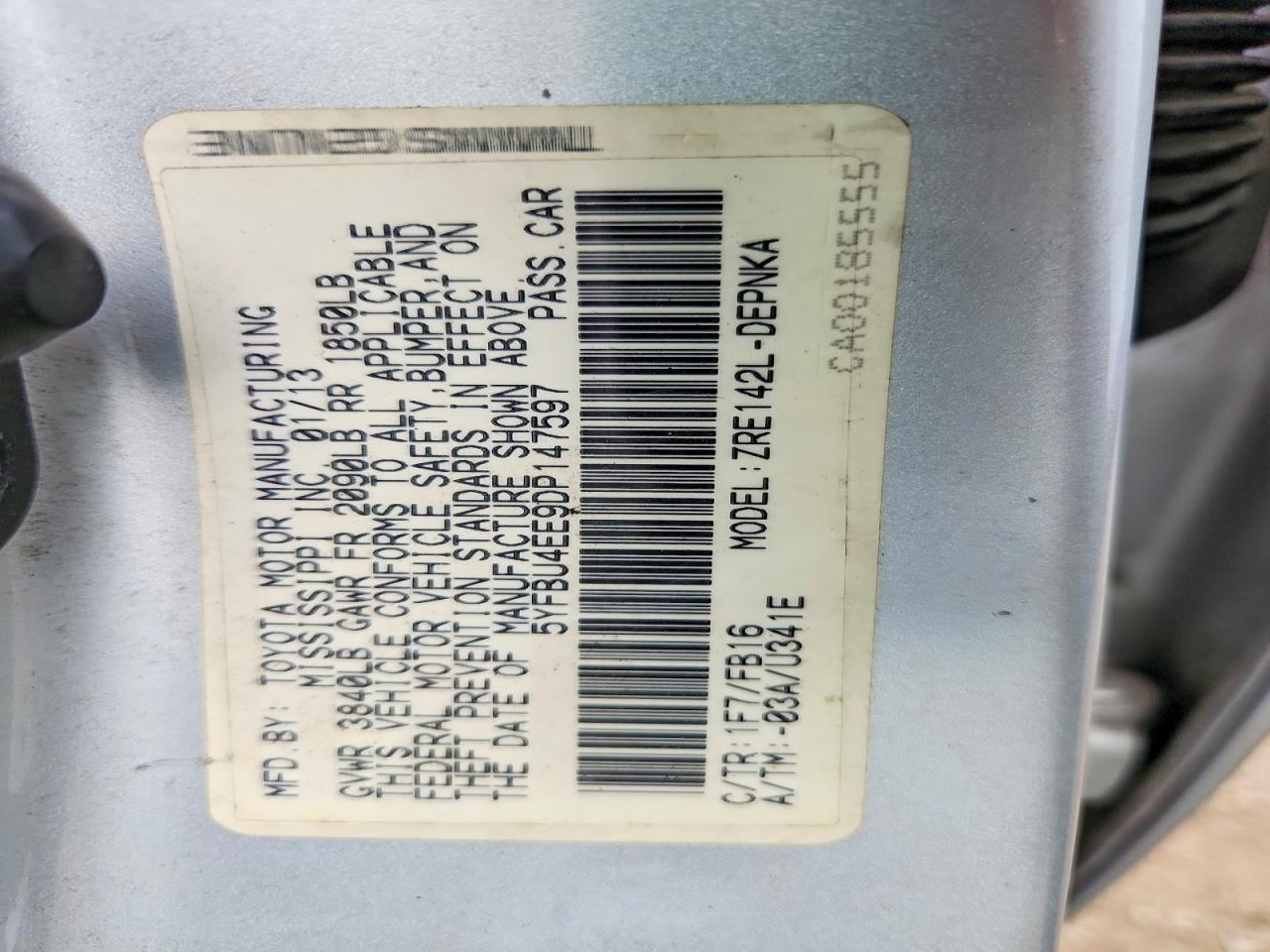 2013 Toyota Corolla Le Silver vin: 5YFBU4EE9DP147597