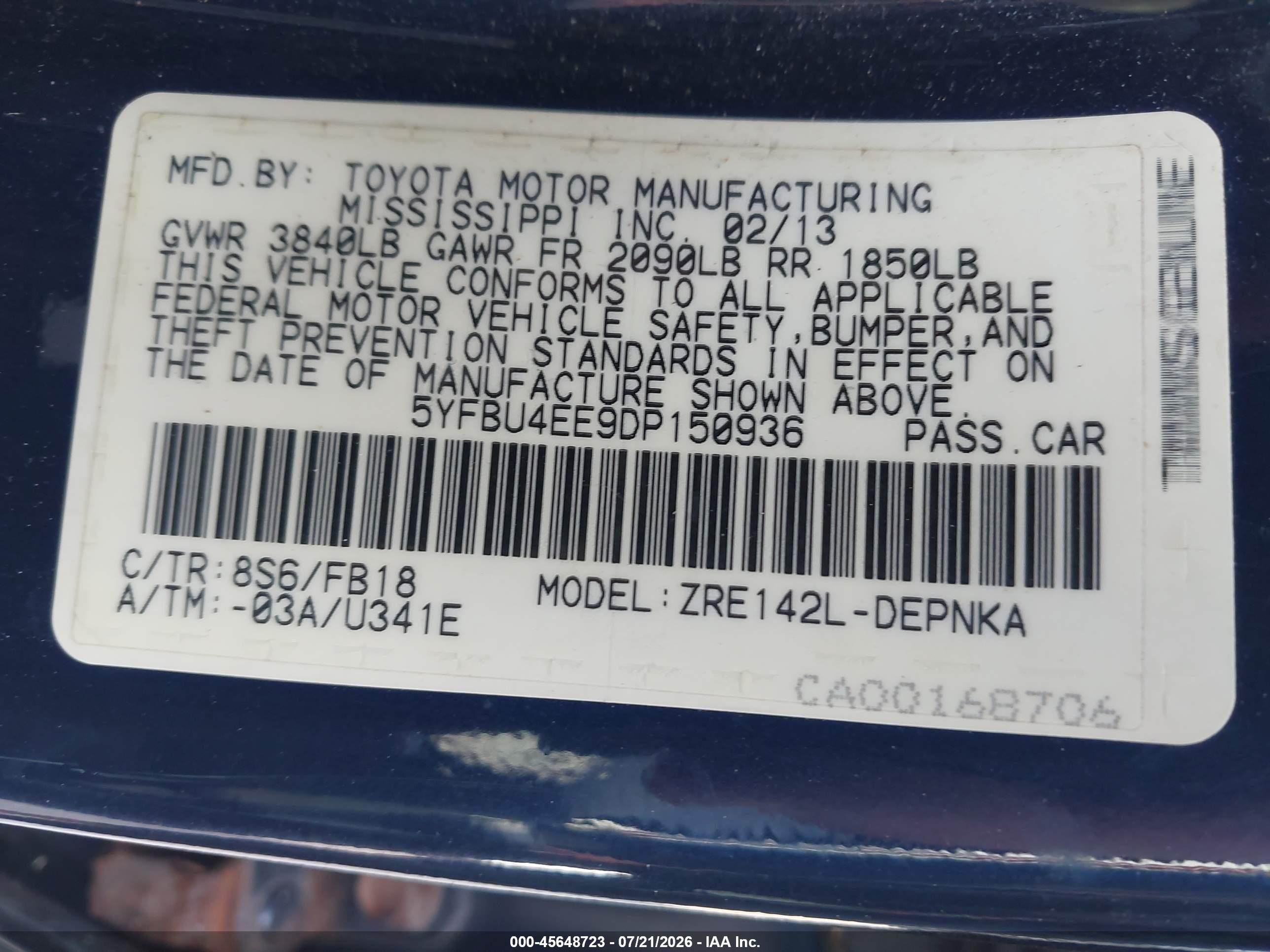 2013 Toyota Corolla Le Blue vin: 5YFBU4EE9DP150936