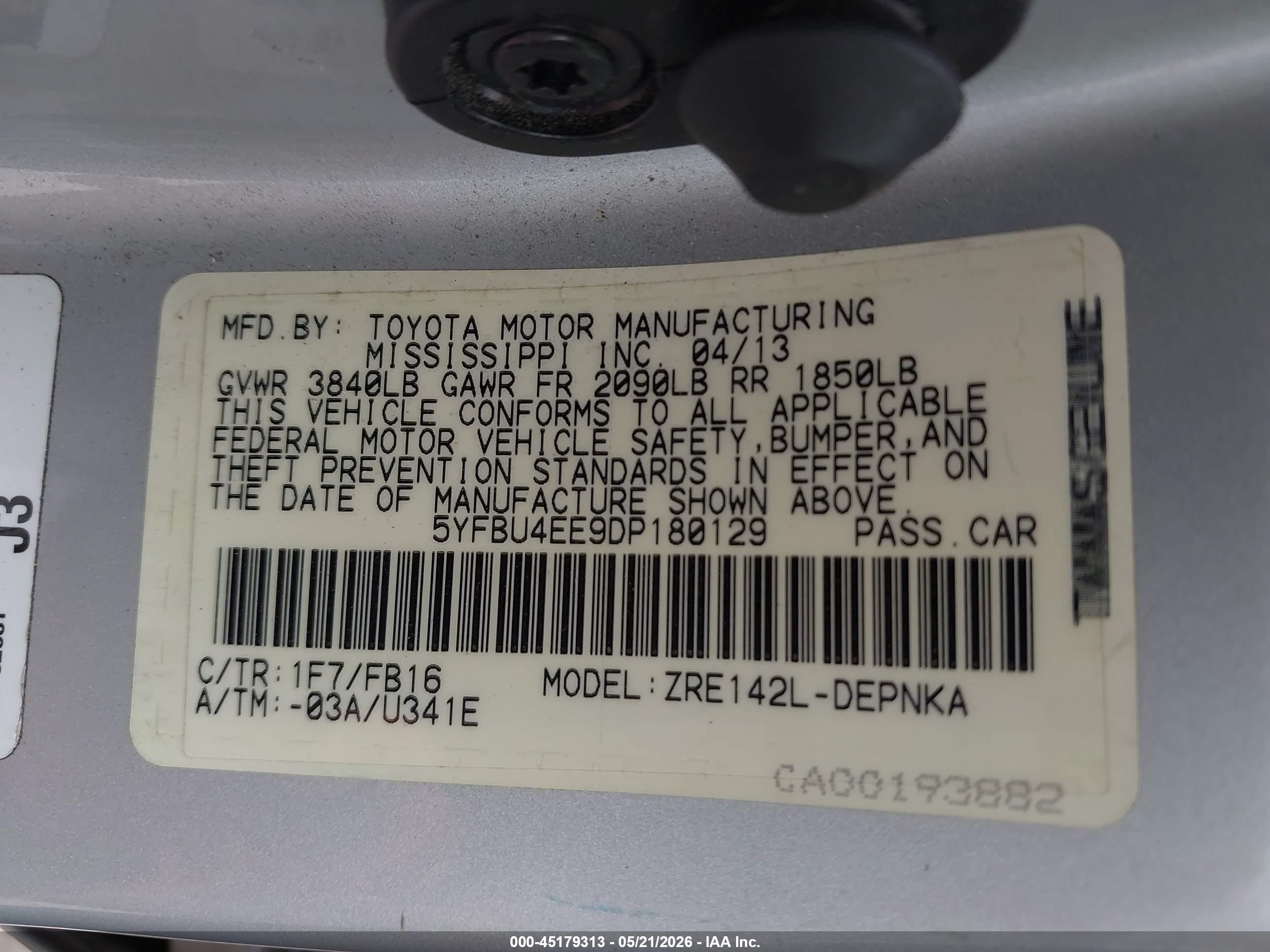 2013 Toyota Corolla Le Silver vin: 5YFBU4EE9DP180129