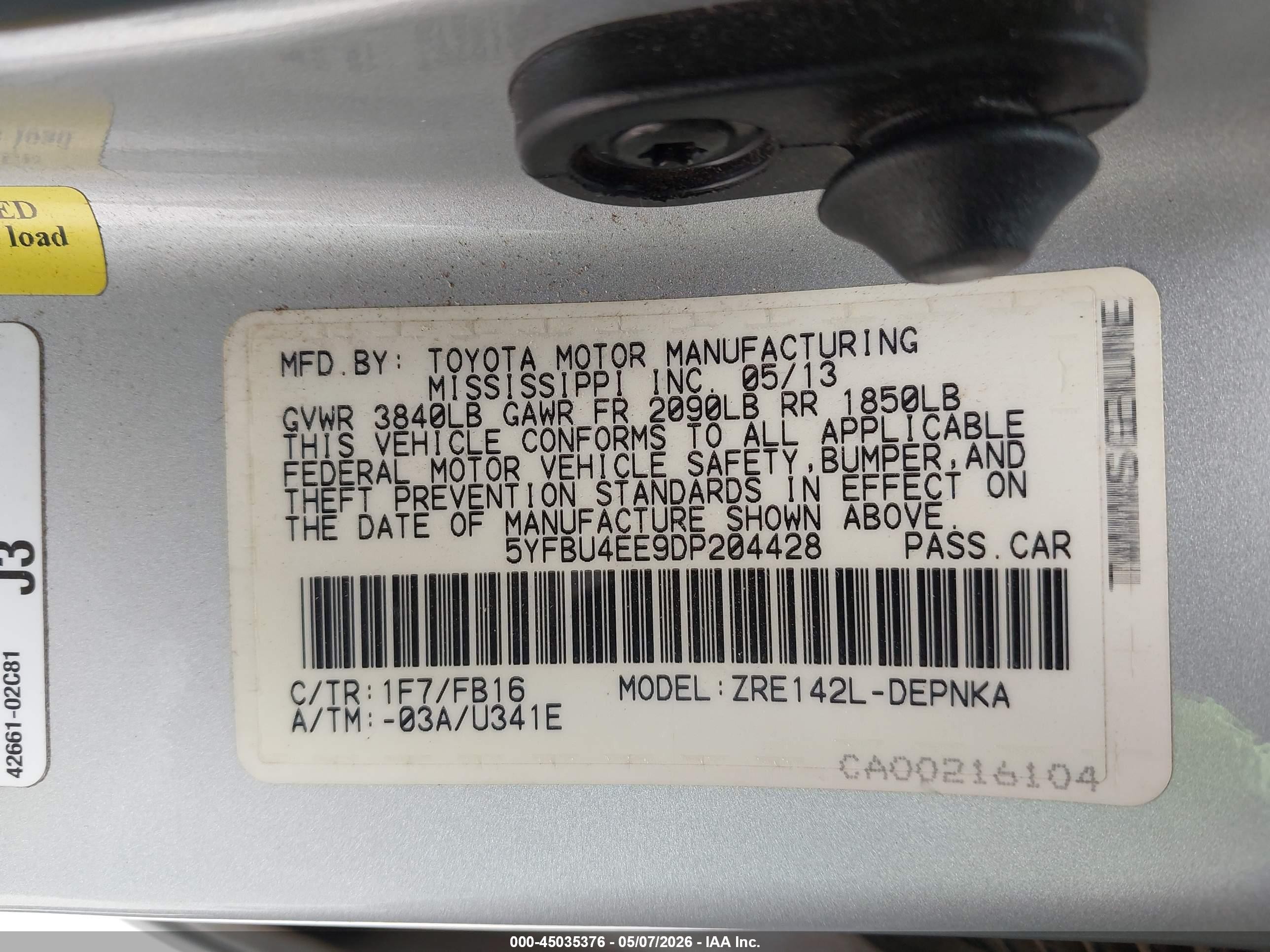 2013 Toyota Corolla Le Silver vin: 5YFBU4EE9DP204428