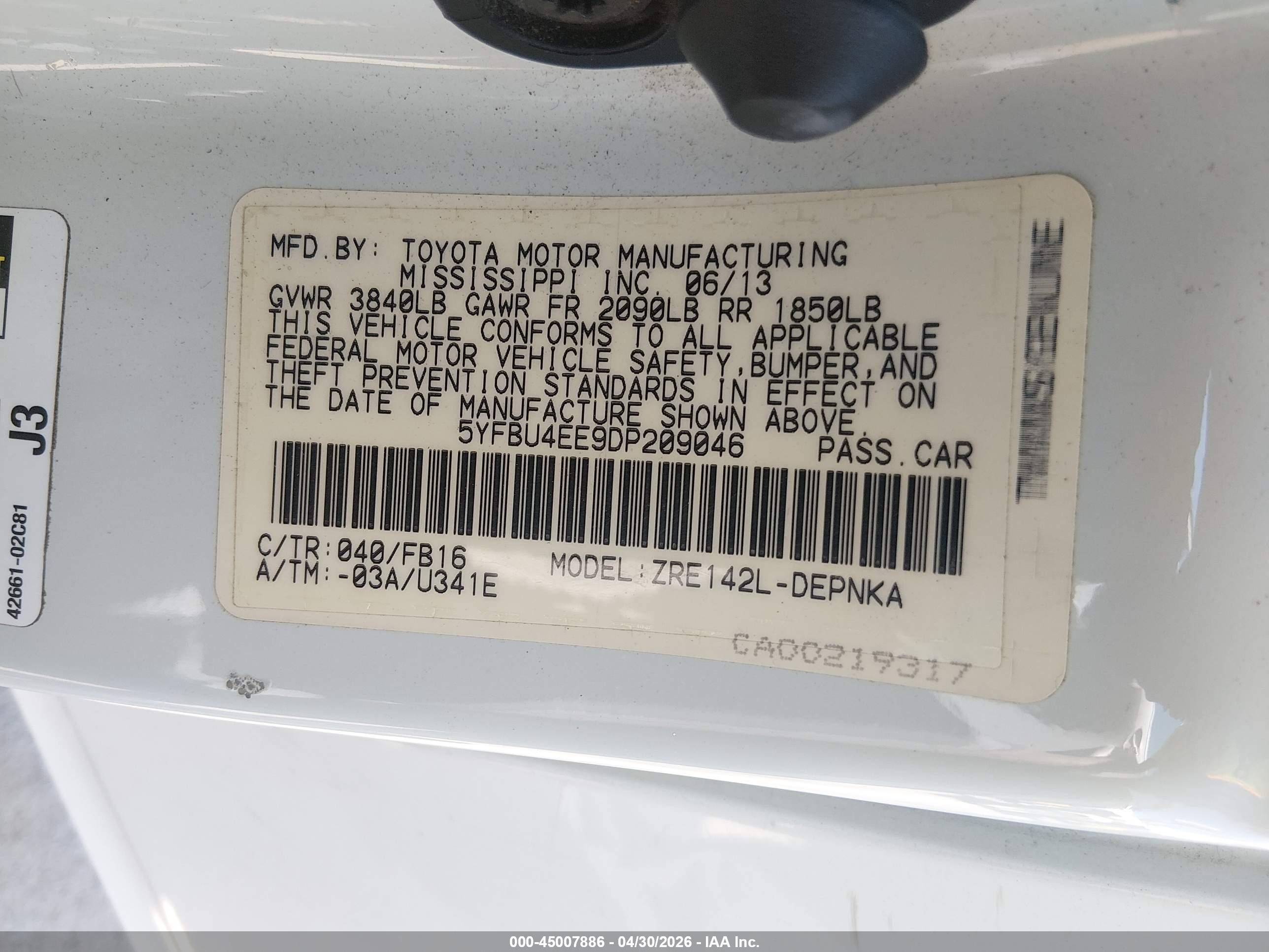 2013 Toyota Corolla Le White vin: 5YFBU4EE9DP209046