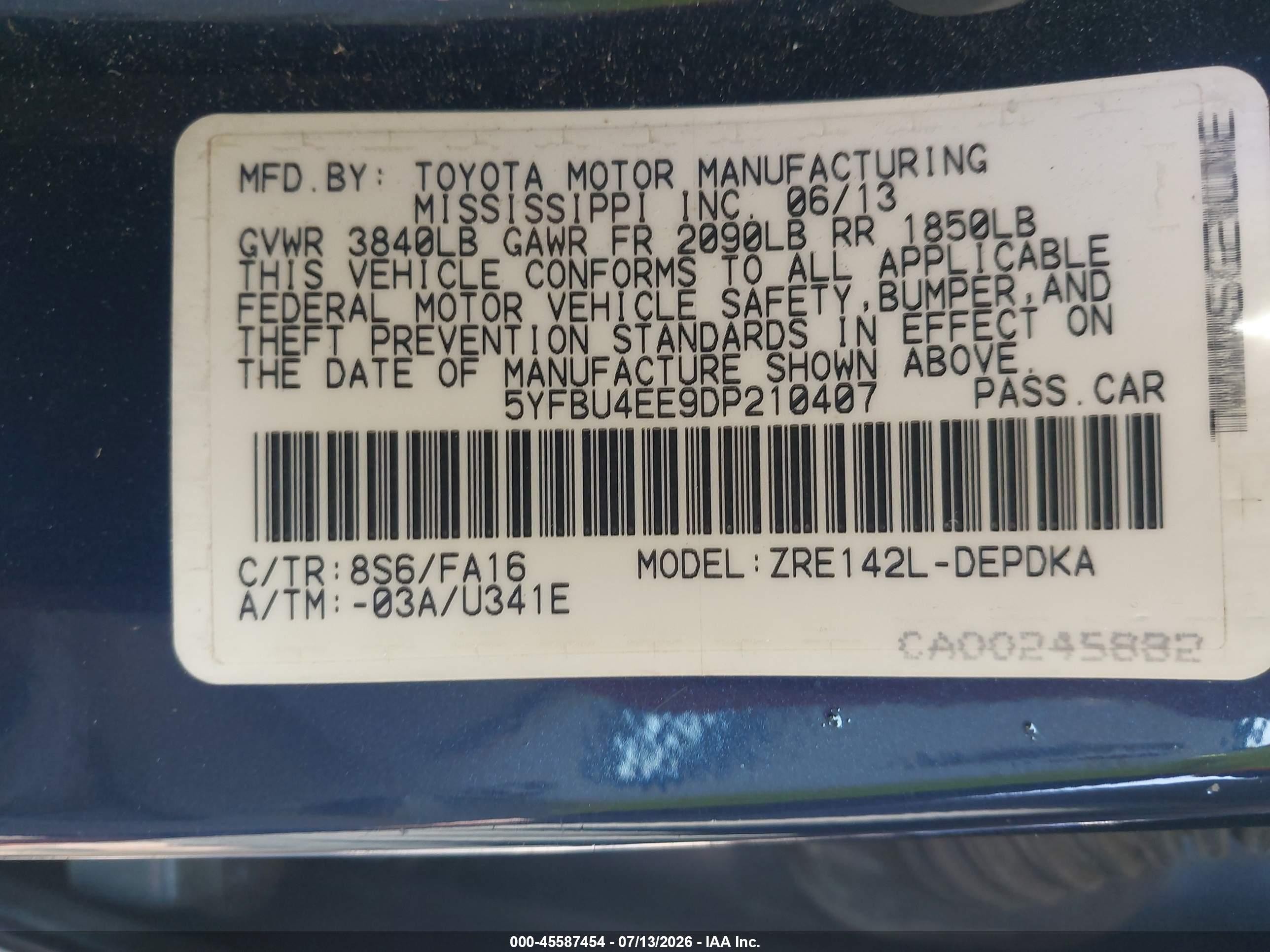 2013 Toyota Corolla L Blue vin: 5YFBU4EE9DP210407