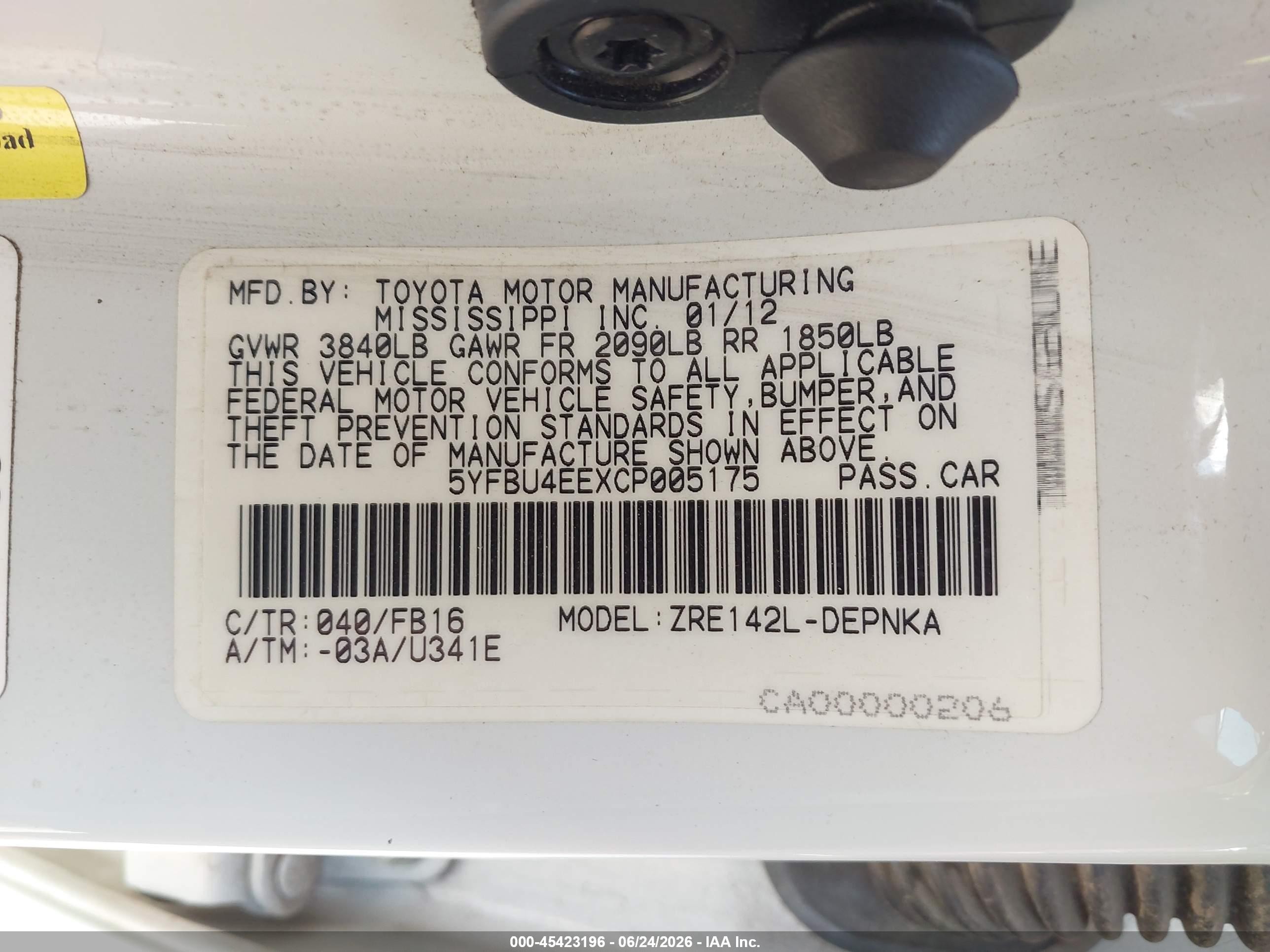 2012 Toyota Corolla Le White vin: 5YFBU4EEXCP005175