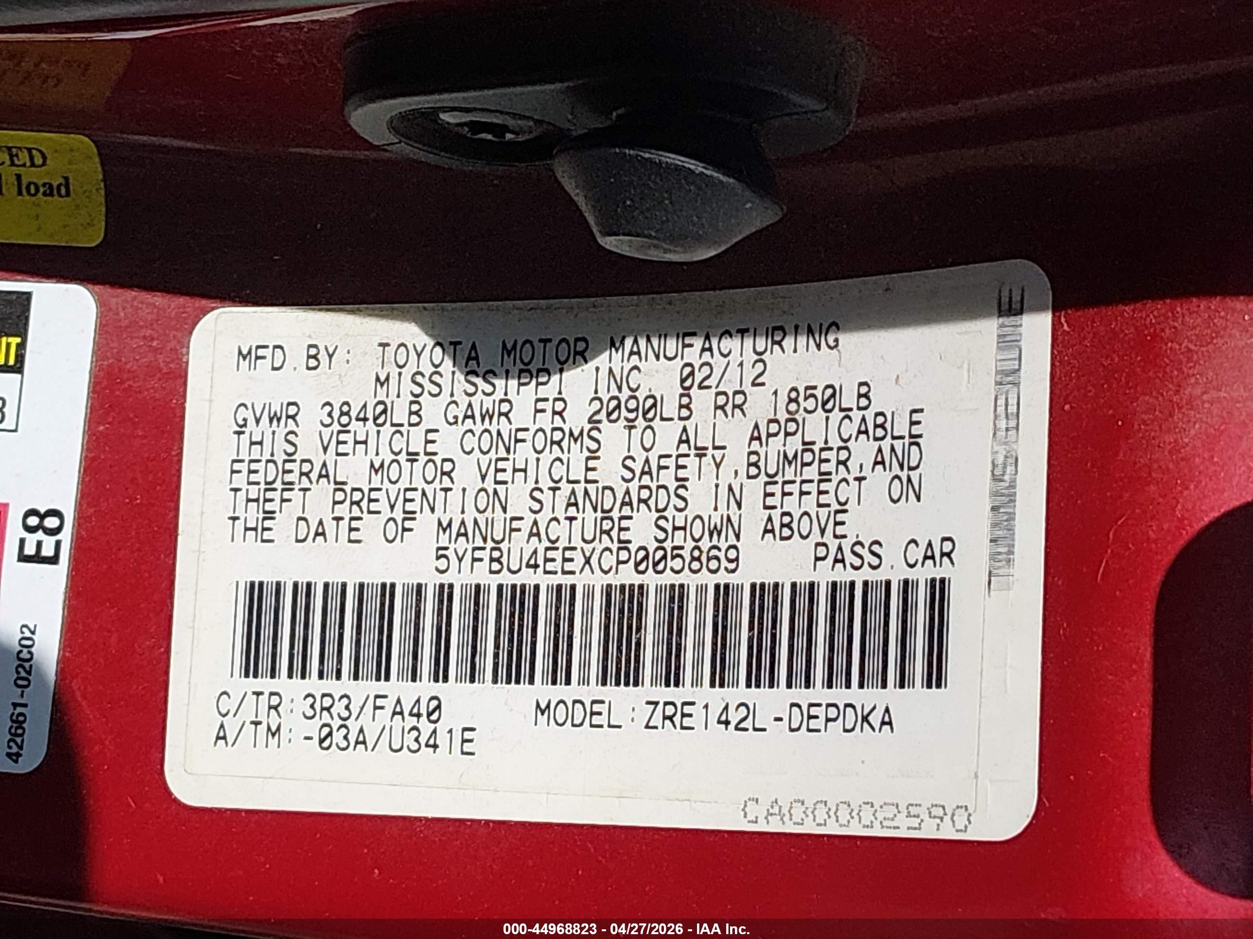 2012 Toyota Corolla L Red vin: 5YFBU4EEXCP005869