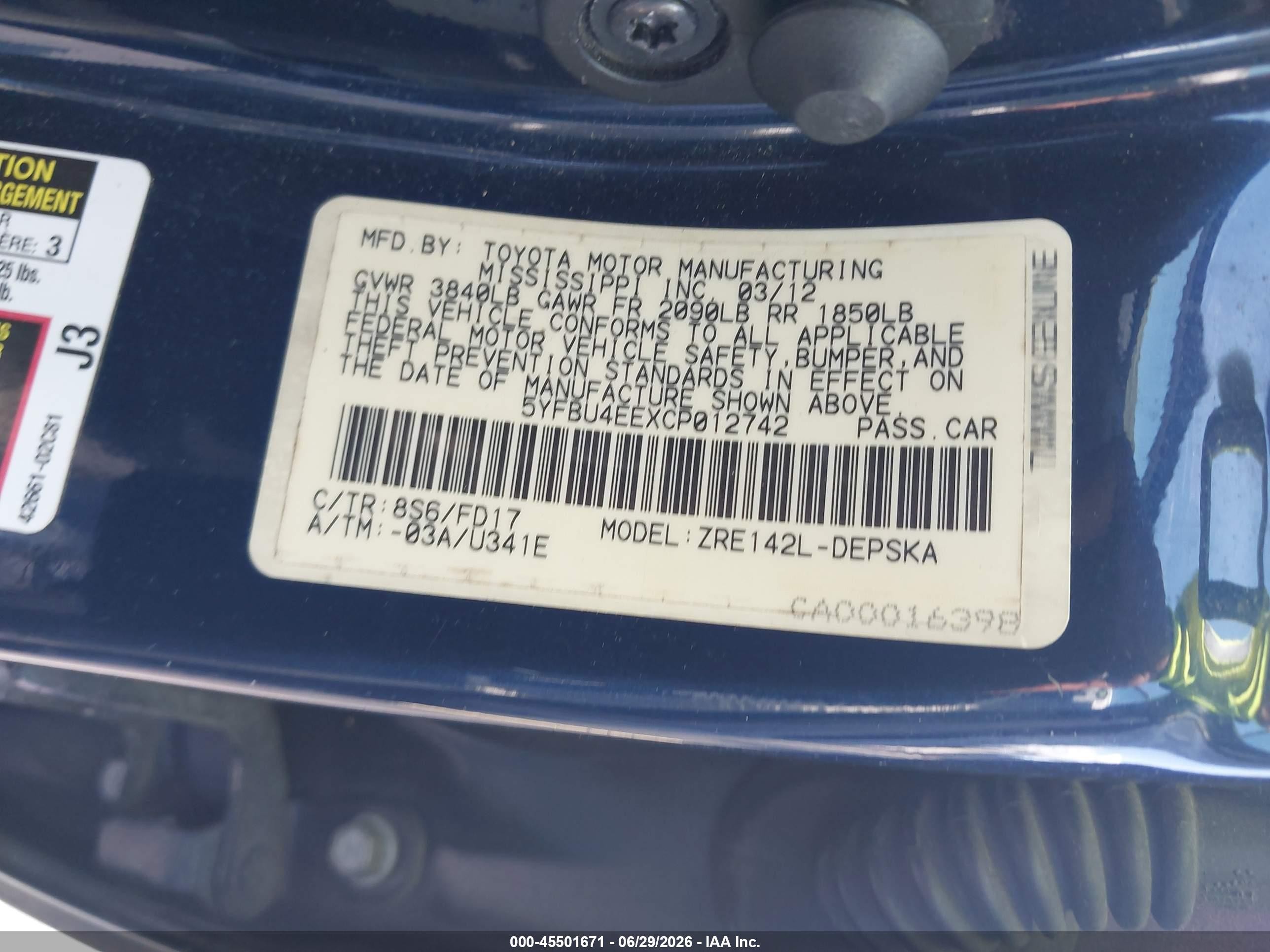 2012 Toyota Corolla S Blue vin: 5YFBU4EEXCP012742